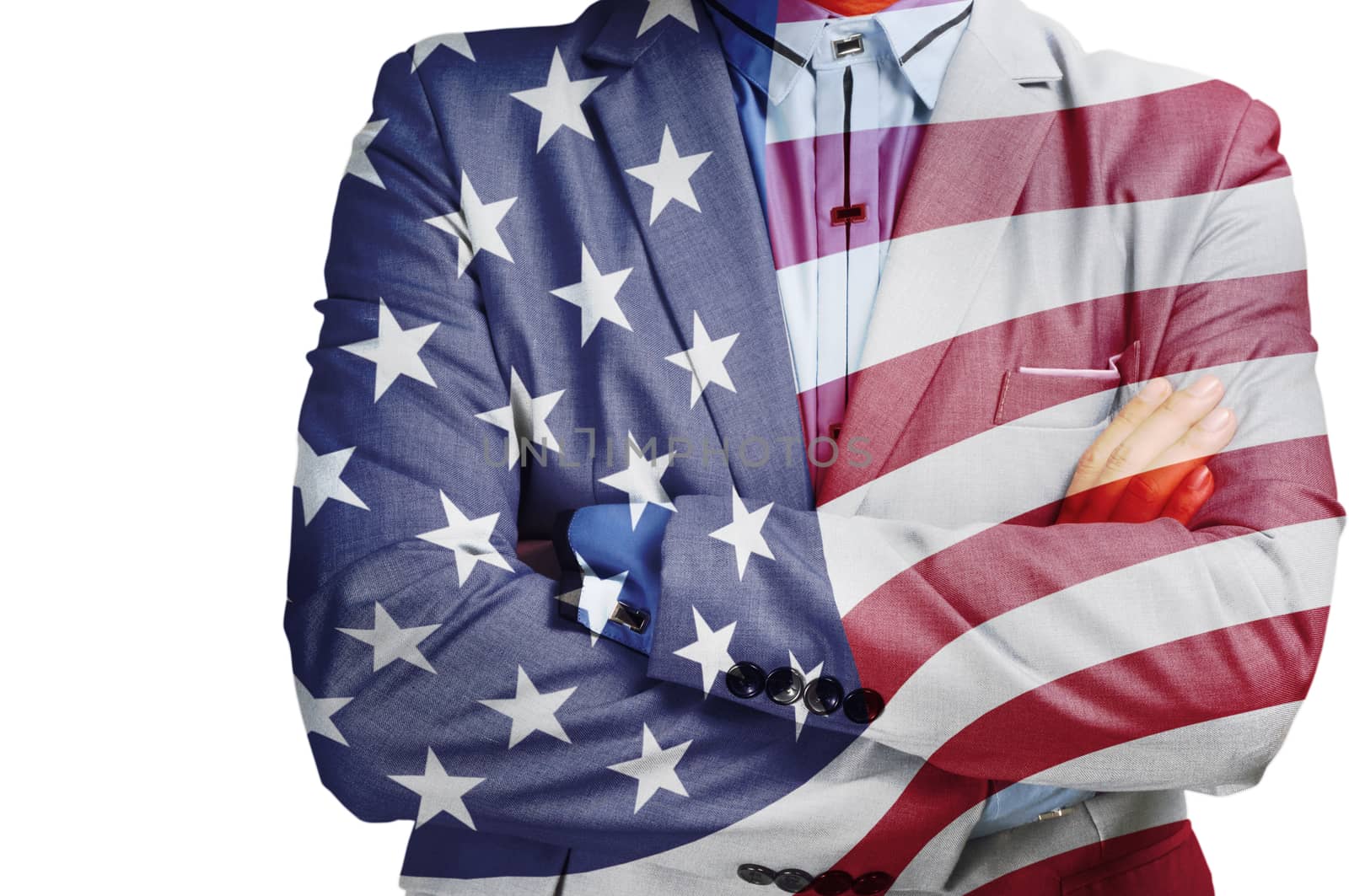 Double Exposure of Businessman with America flag as American Bus by thampapon