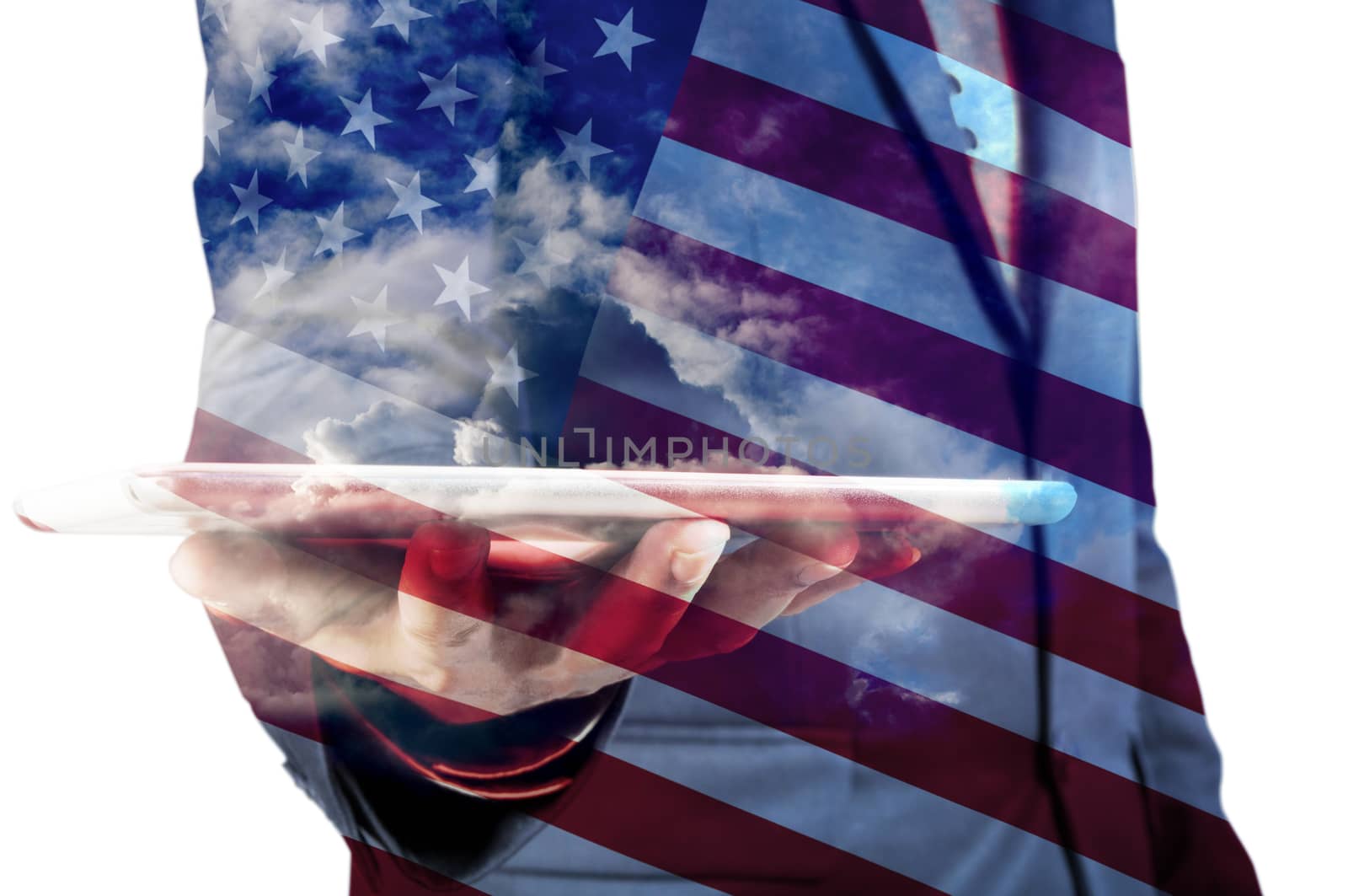 Double Exposure of Businessman with Cloud and America Flag as American Election or Politic concept