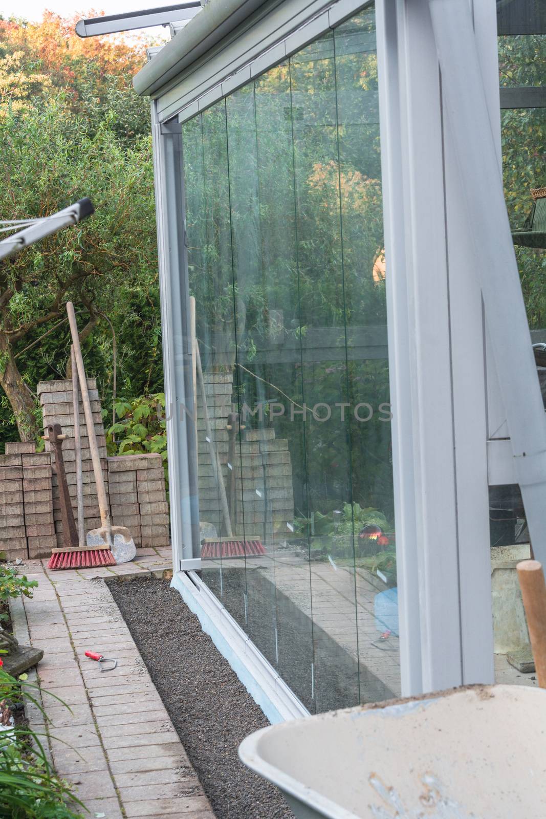 Construction site for a new conservatory, patio roof porch.