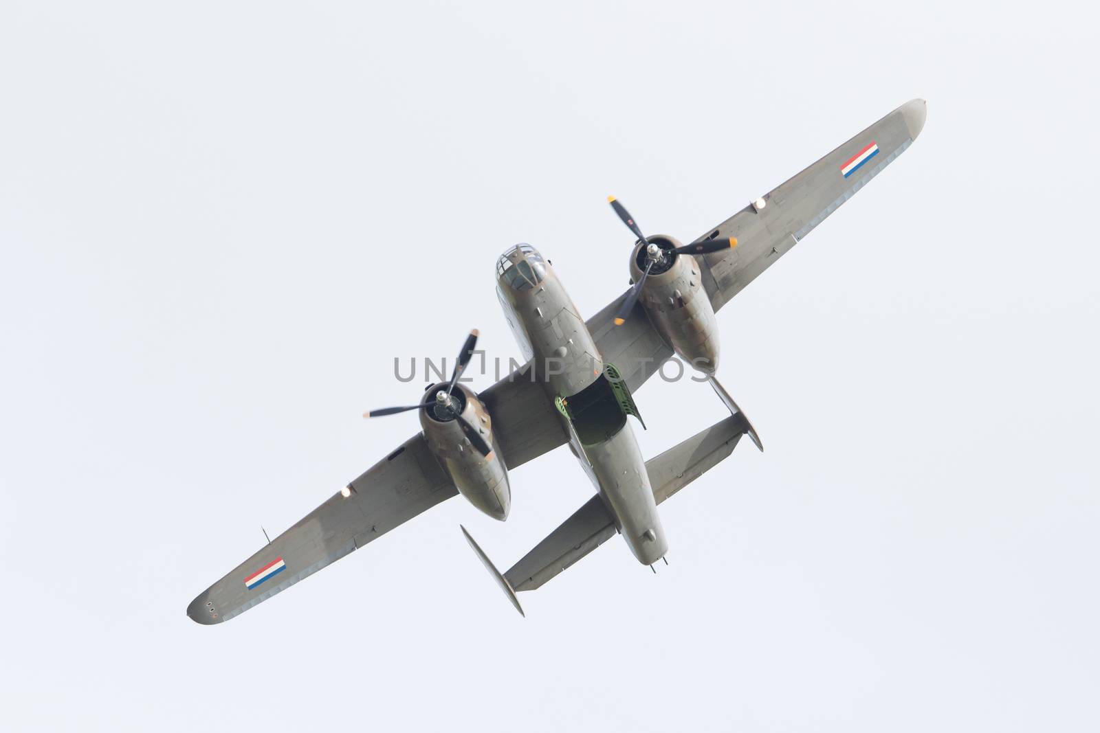 LEEUWARDEN, THE NETHERLANDS - JUNE 10: WW2 B-25 Mitchell bomber in Dutch markings during the Dutch Air Force Open House. June 10, 2016 in Leeuwarden, The Netherlands