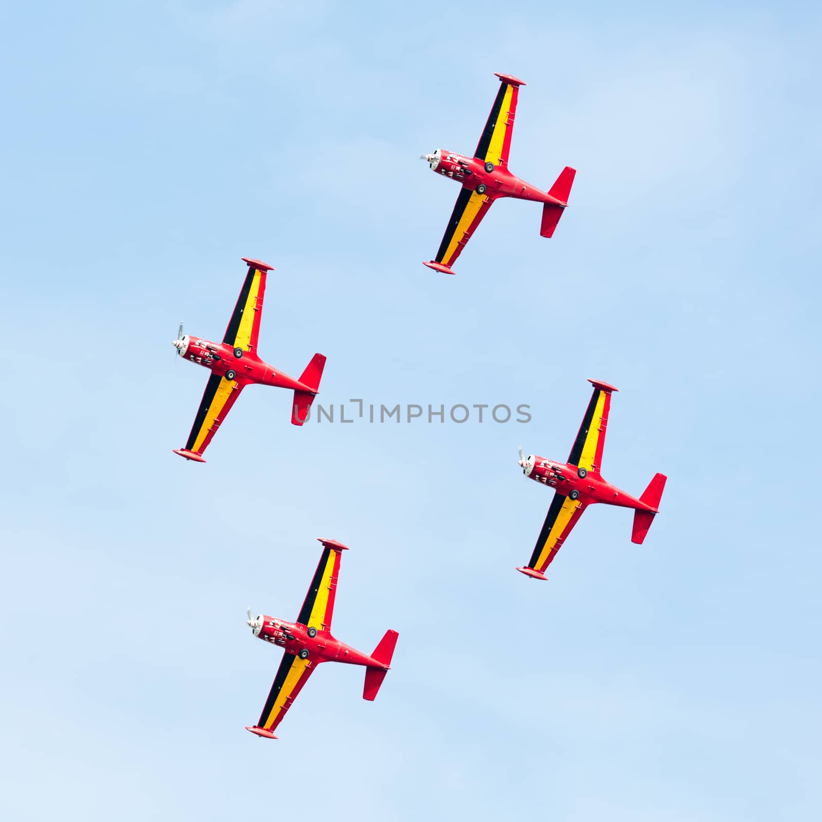 LEEUWARDEN, THE NETHERLANDS - JUNE 10, 2016: Belgium Red Devils at the Luchtmachtdagen Airshow on June 10, 2016 at Leeuwarden Airfield, Friesland, Holland.