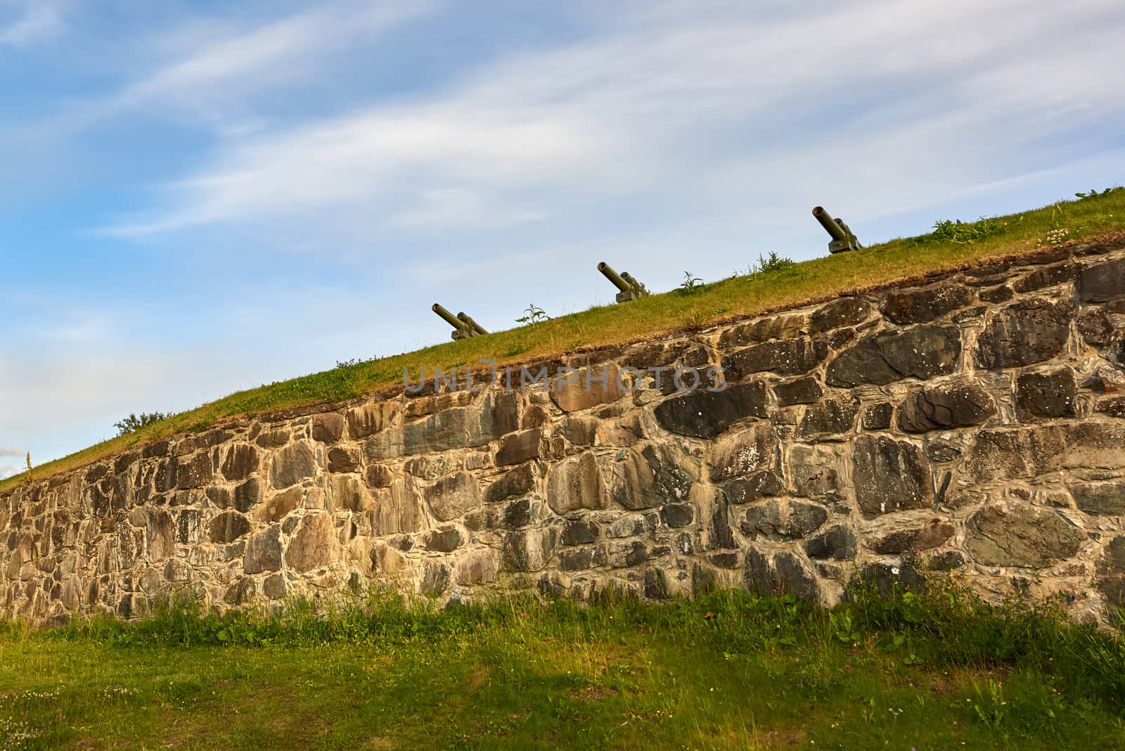 Three iron cannons defending a grassy hilltop.