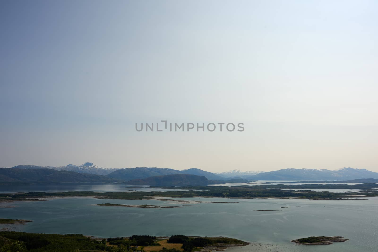 View of Norwegian sea and mountains in Helgeland, Norway.