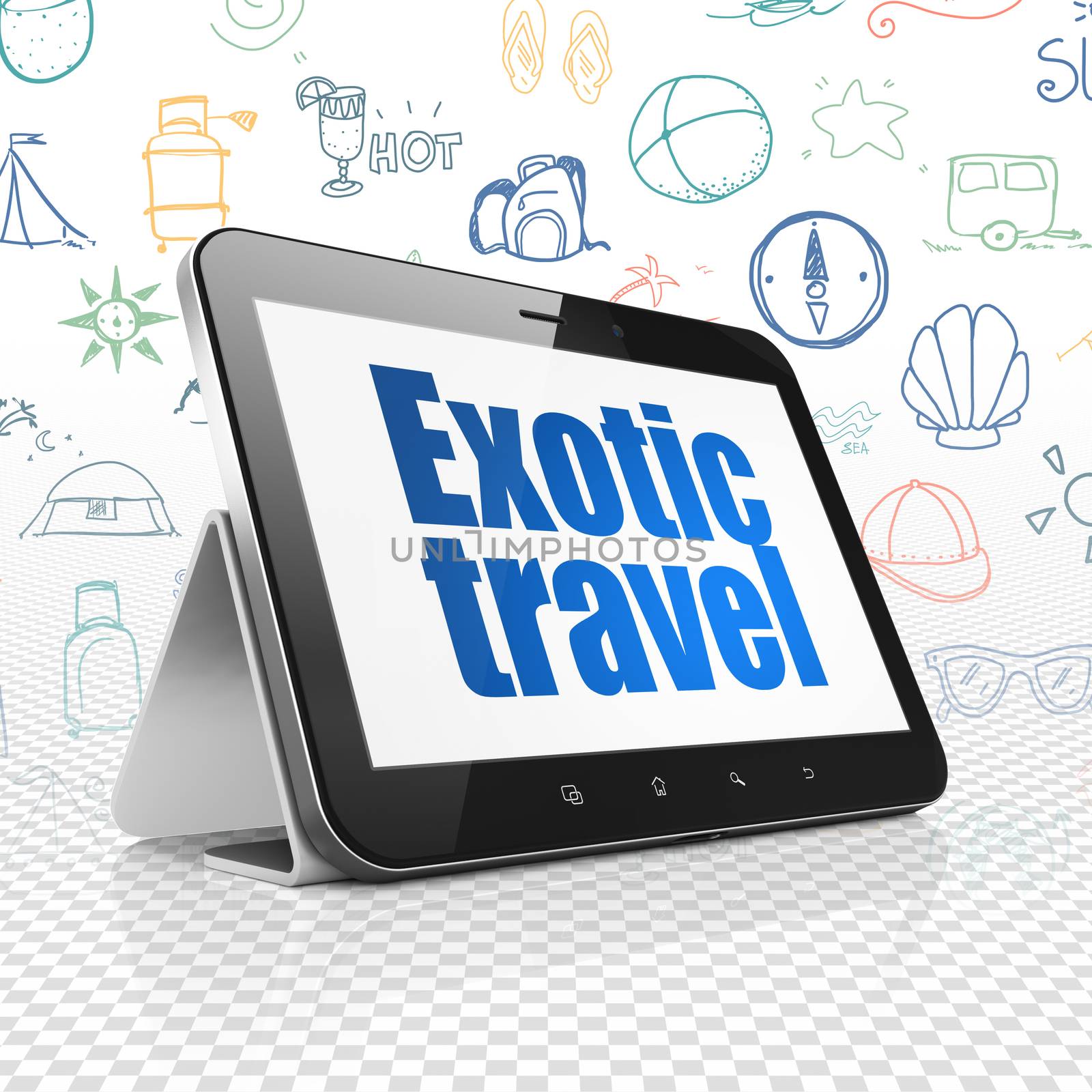 Tourism concept: Tablet Computer with  blue text Exotic Travel on display,  Hand Drawn Vacation Icons background, 3D rendering
