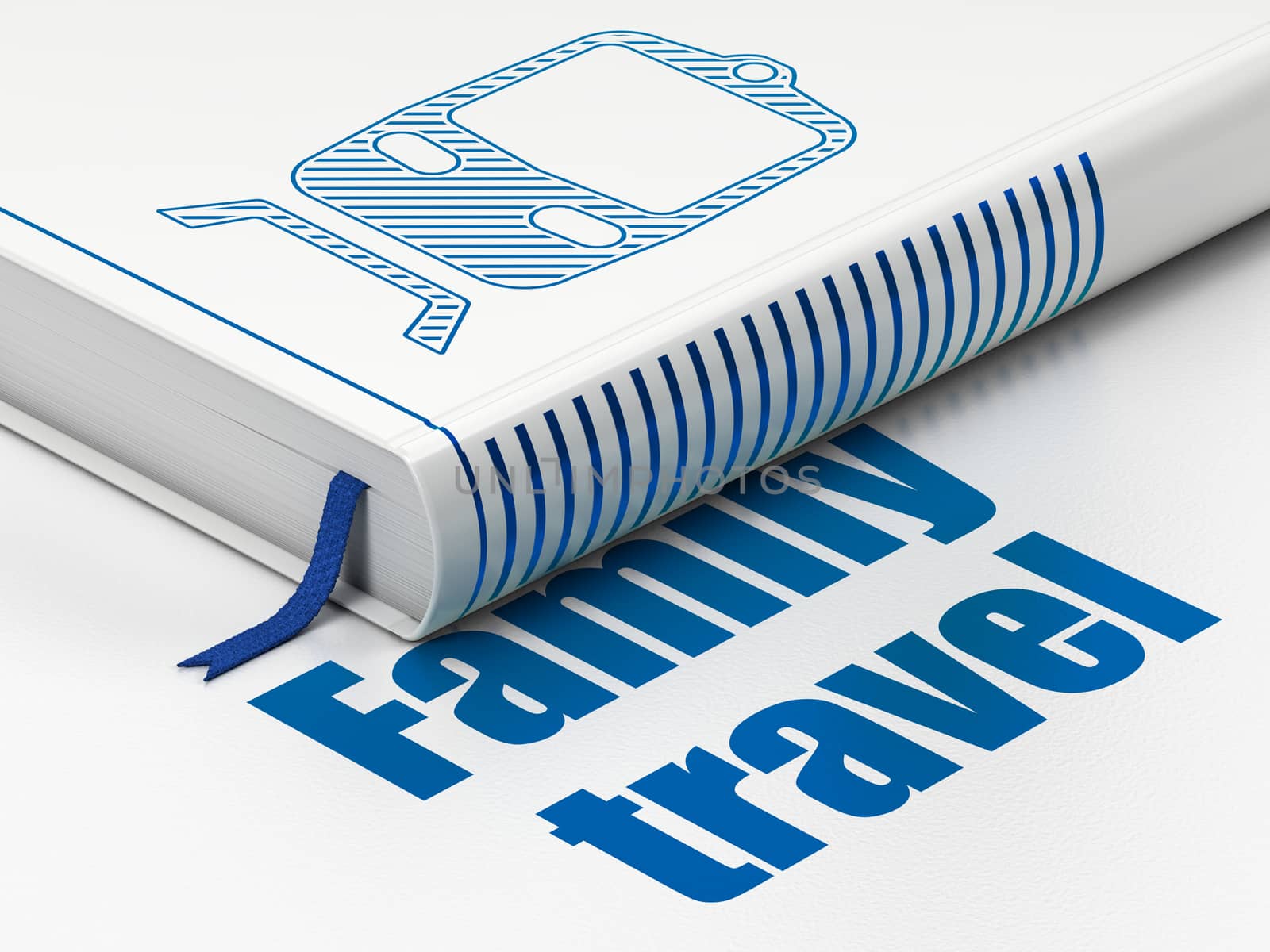 Tourism concept: closed book with Blue Train icon and text Family Travel on floor, white background, 3D rendering