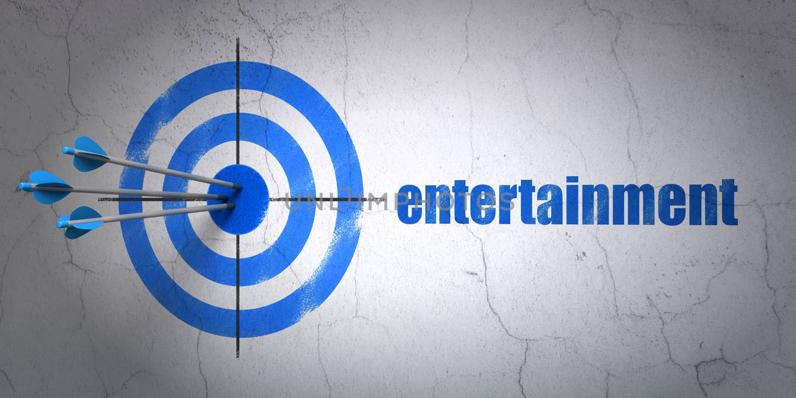 Success holiday concept: arrows hitting the center of target, Blue Entertainment on wall background, 3D rendering