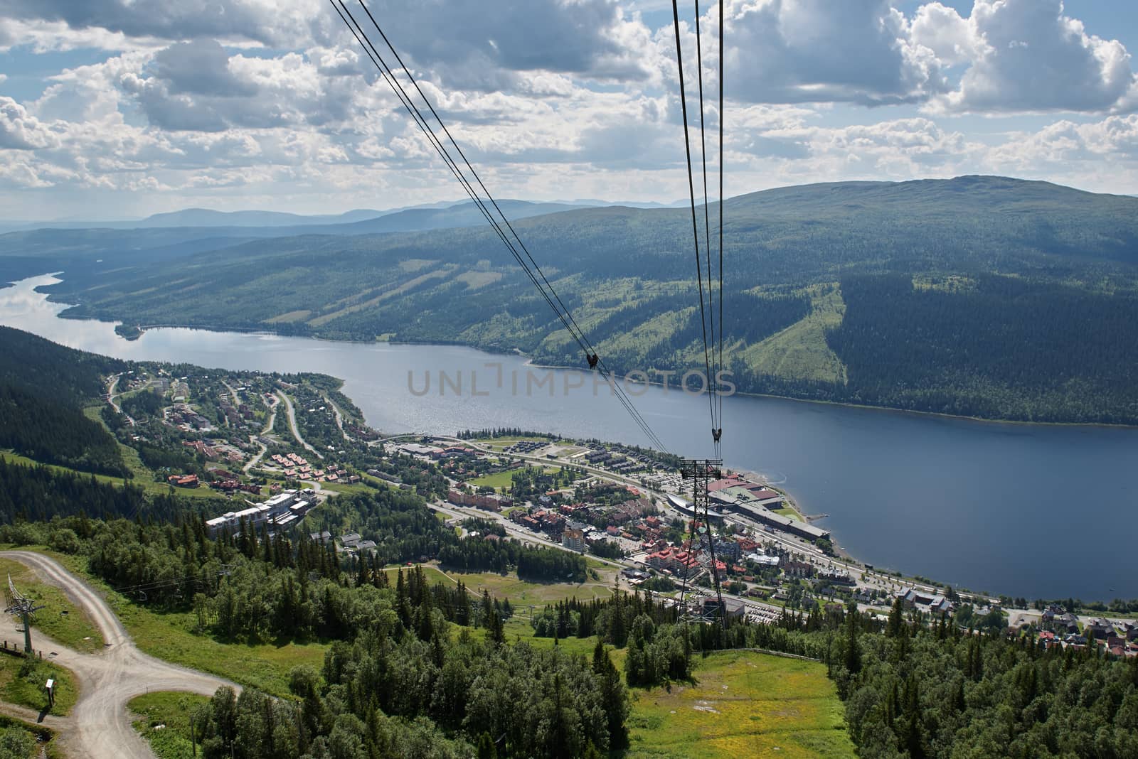 View of steel wire transporting cable car at Åreskutan mountain, Åre, Sweden.