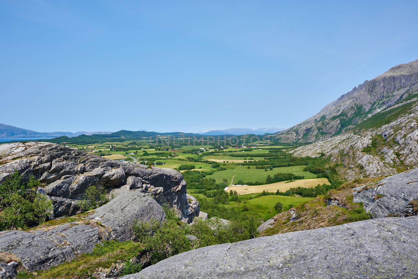 View of a Norwegian countryside in Alstadhaug, Norway.