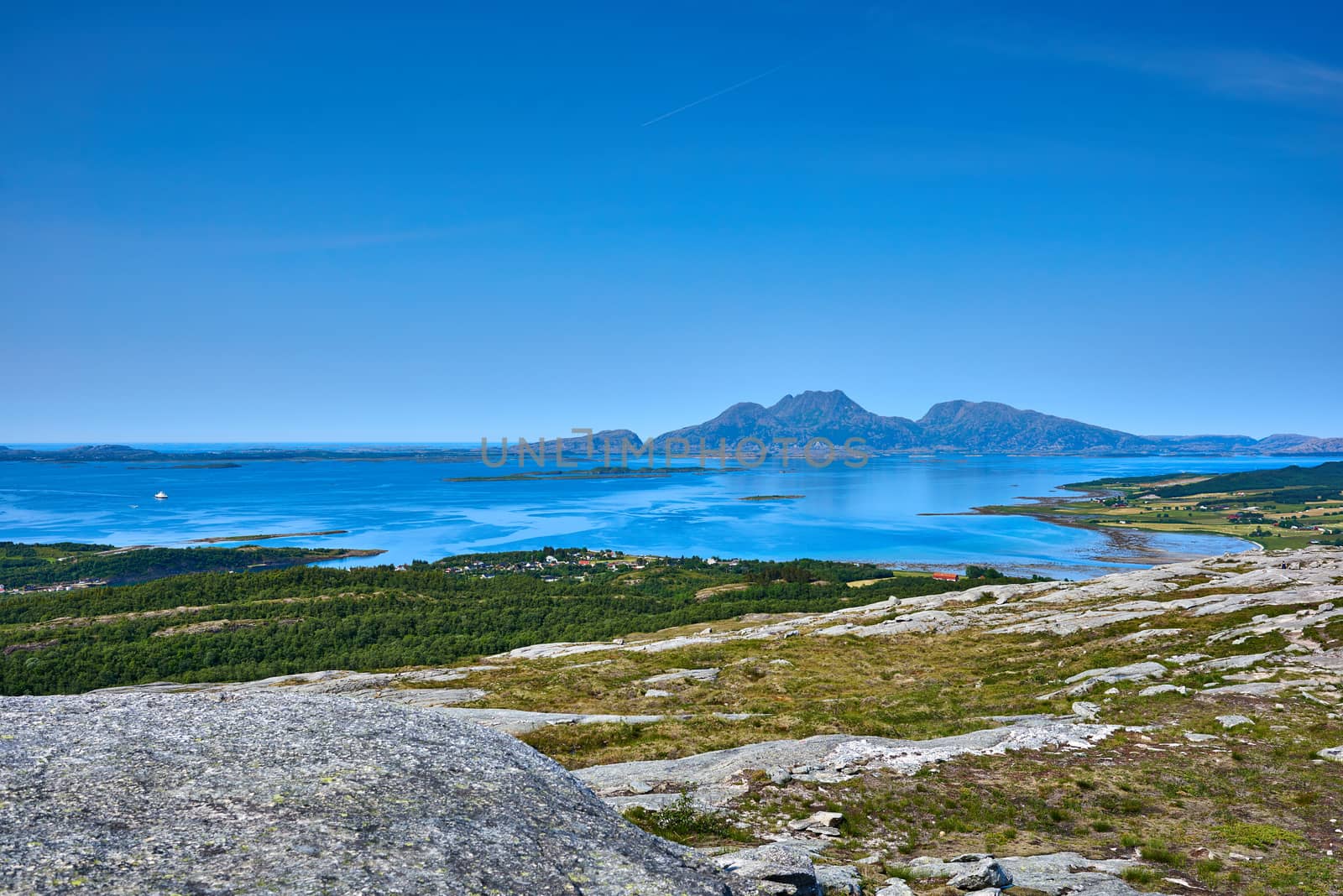 View from Vettfjellet in Alstadhaug, Norway. You see Helgelandskysten.