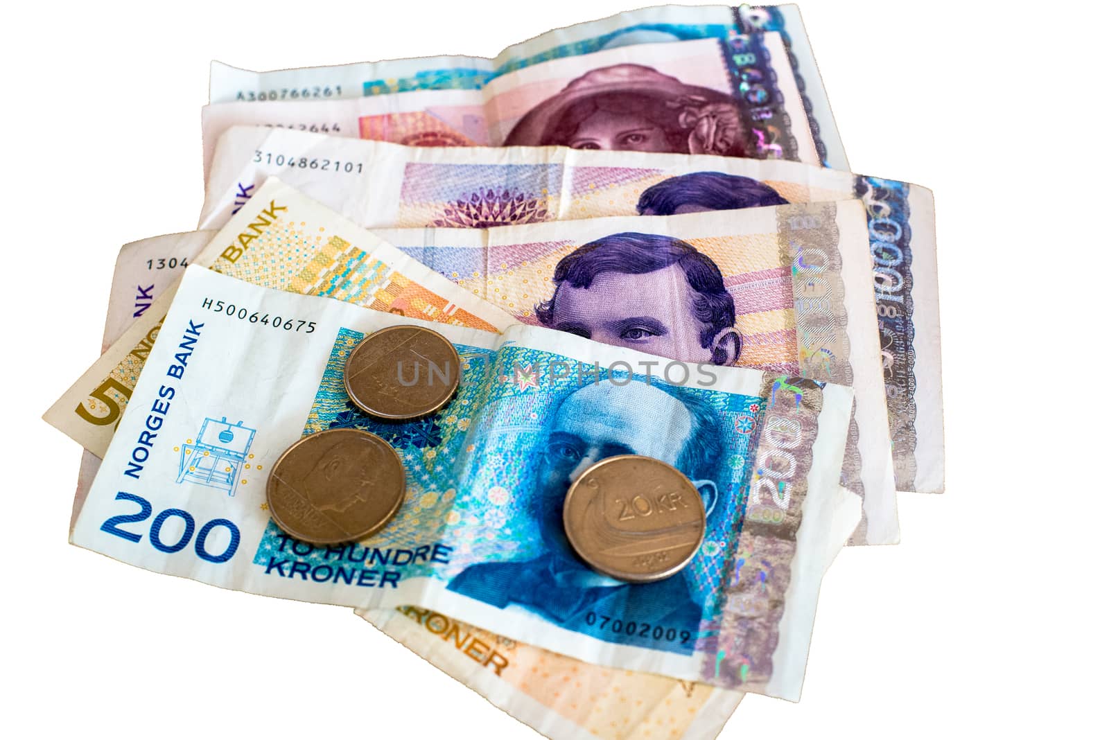 A sample of Norwegian notes and coins. Isolated.