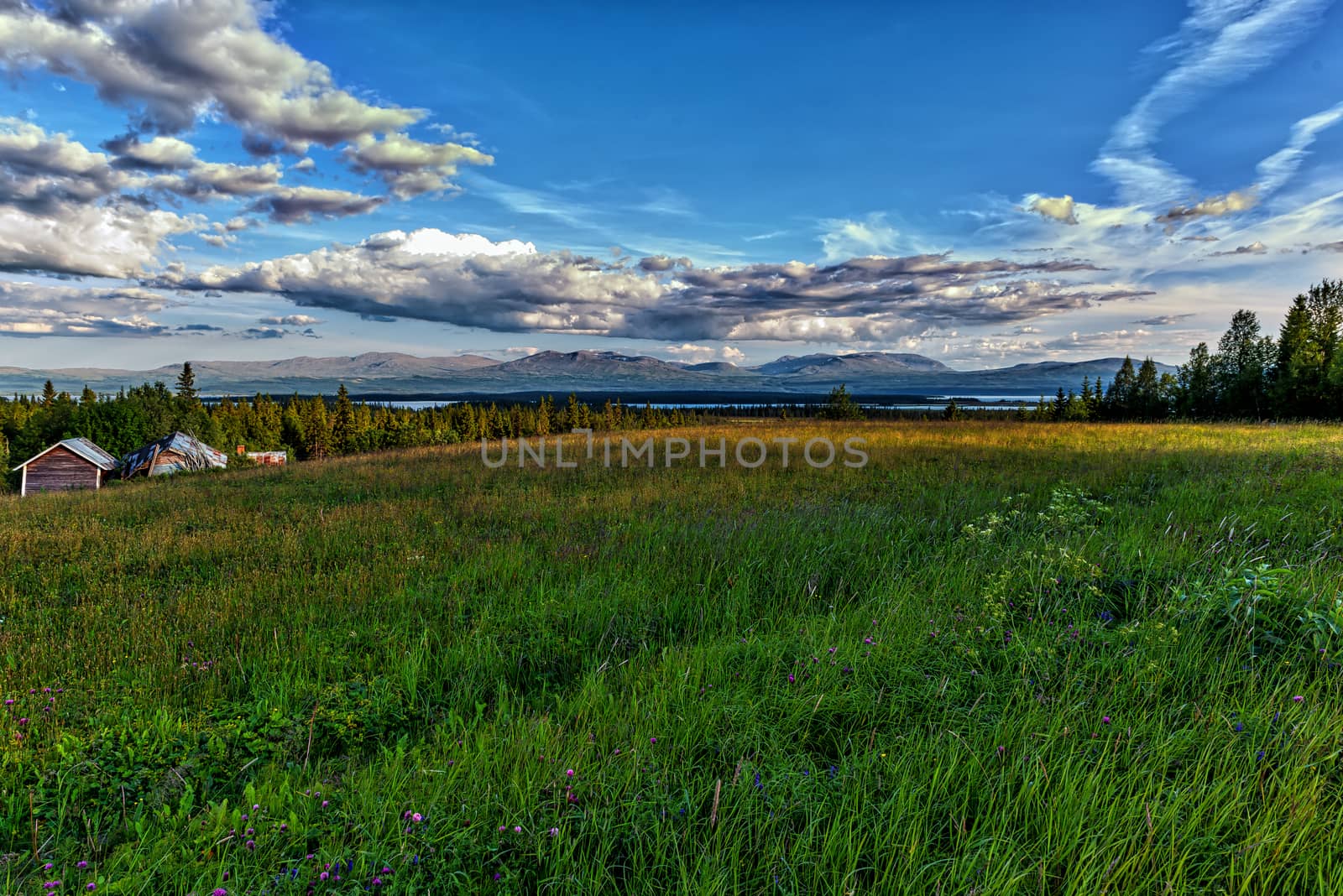 Swedish countryside summer landscape with mountains in the background.