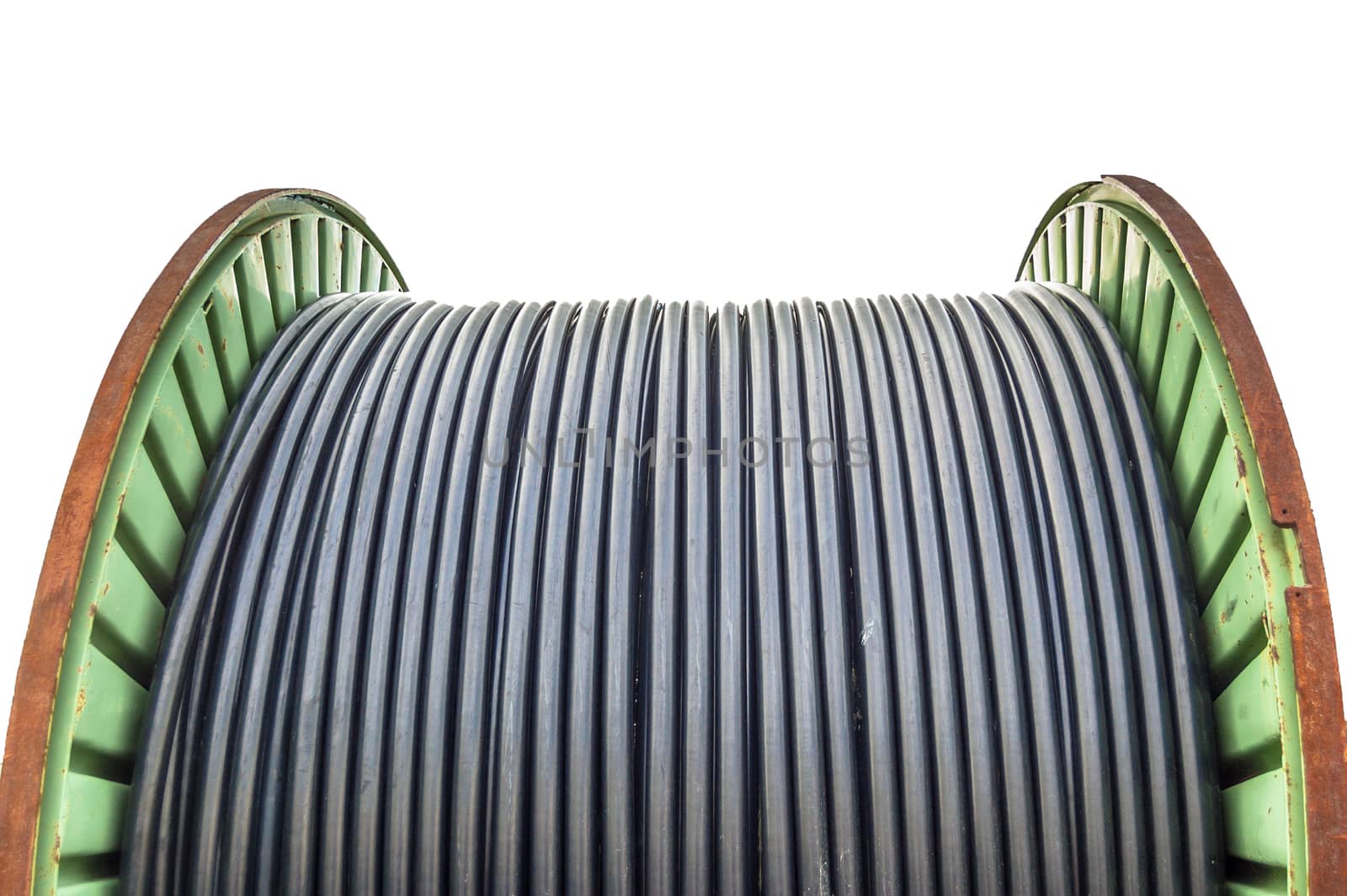 Cable drum with black cables against white background.