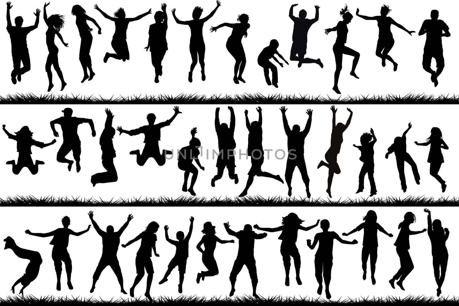 Silhouettes of young people and children jumping