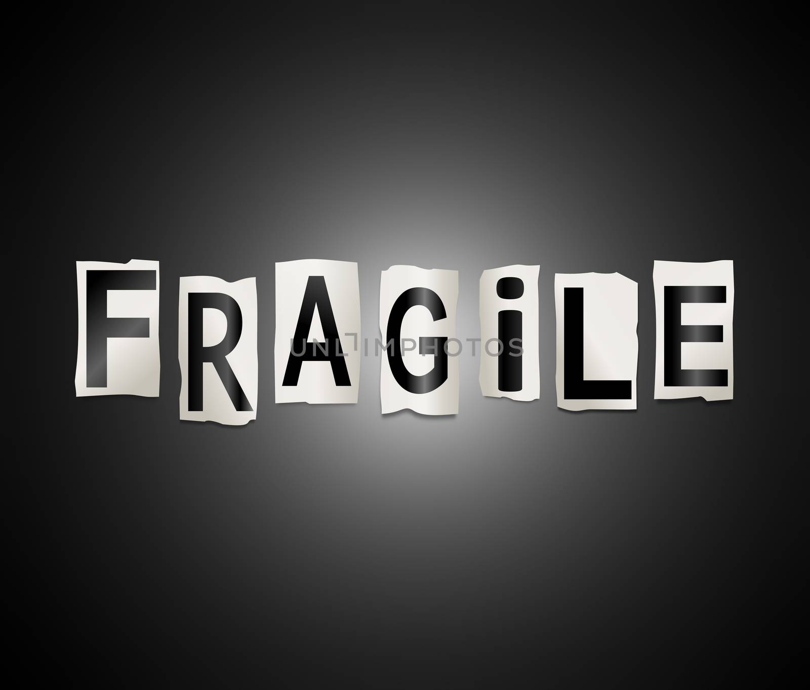 Illustration depicting a set of cut out printed letters arranged to form the word fragile.