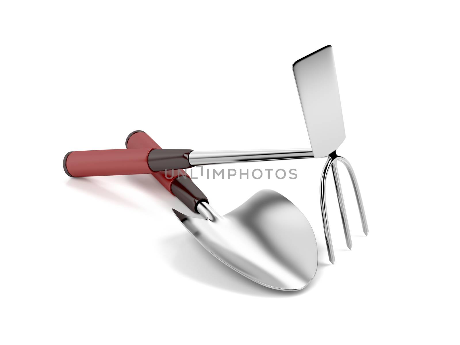 Garden trowel and hoe on white background