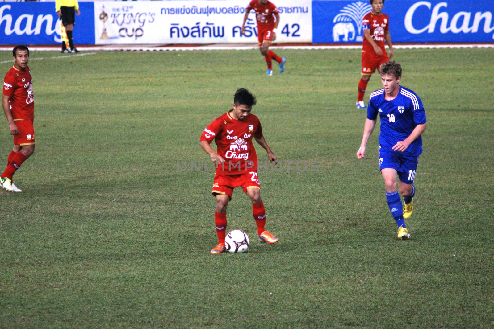 CHIANGMAI THAILAND-JANUARY 19,2013:The 42nd King's cup international football match between Thailand and Finland at 700th Anniversary Stadium in Chiangmai,Thailand. Finland defeat Thailand 3-1 to win.