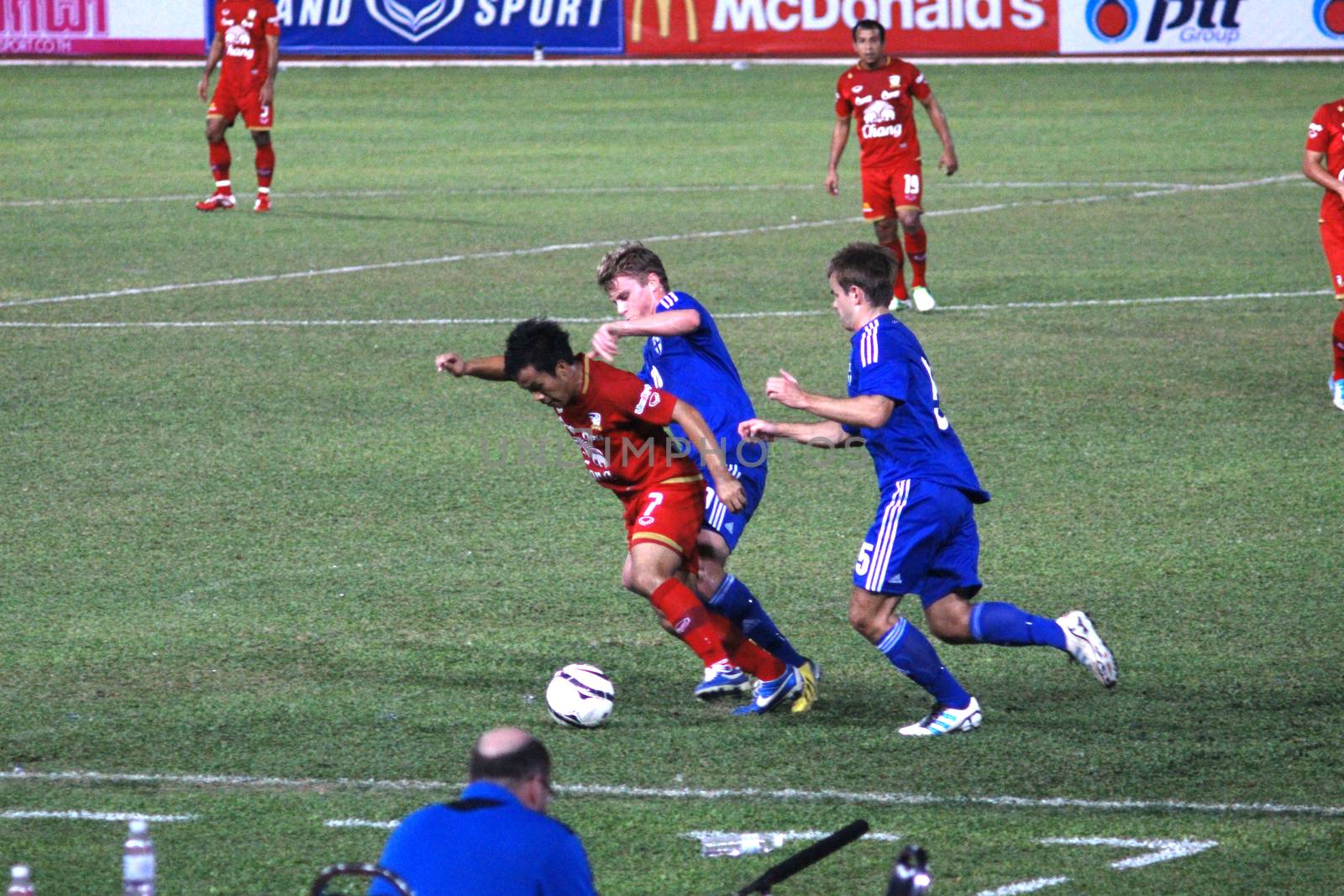 CHIANGMAI THAILAND-JANUARY 19,2013:The 42nd King's cup international football match between Thailand and Finland at 700th Anniversary Stadium in Chiangmai,Thailand. Finland defeat Thailand 3-1 to win.