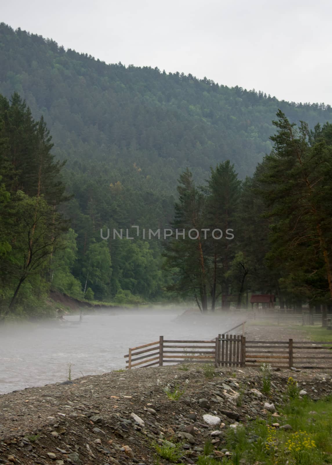 The fog is spread along the river early in the morning. by dpetrakov