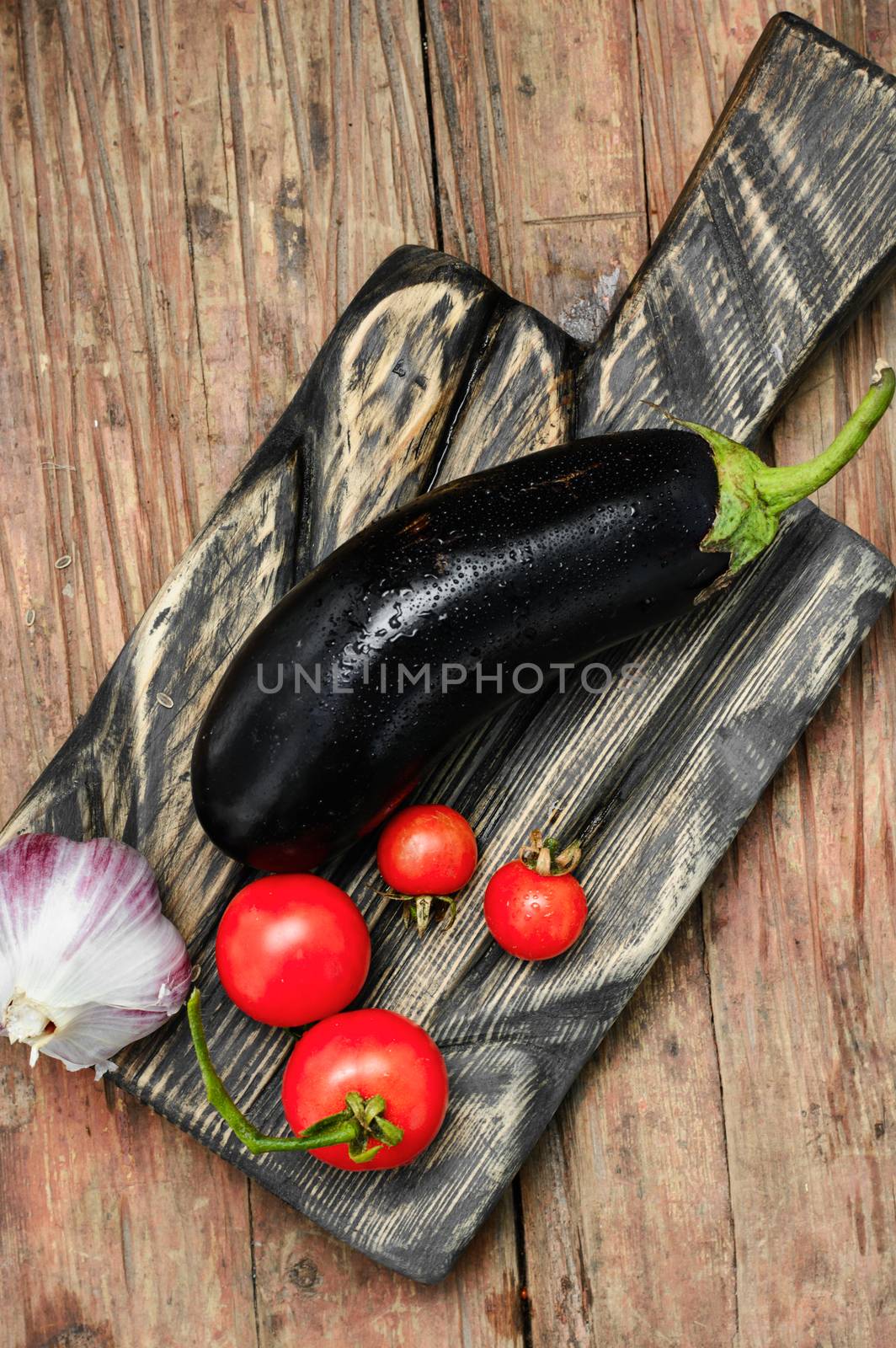 Harvest summer vegetables eggplant on wooden background in rustic style