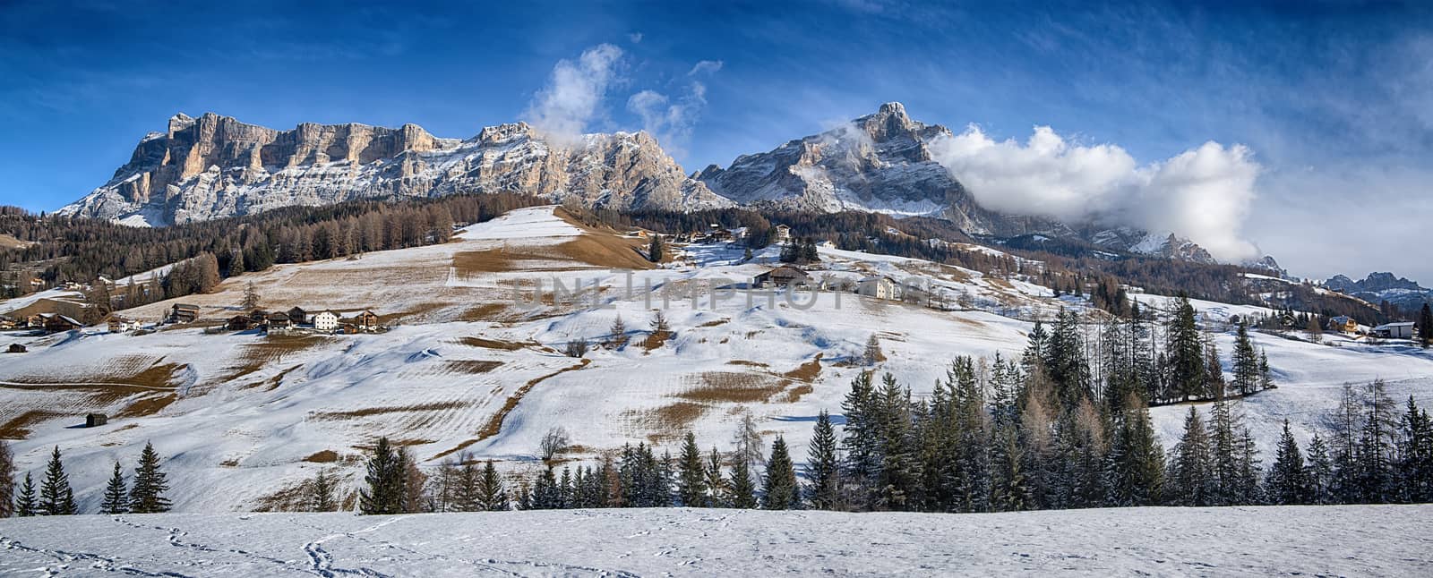 Landscape on the Dolomiti of Alta Badia with first snow of the winter season, Trentino-Alto Adige - Italy