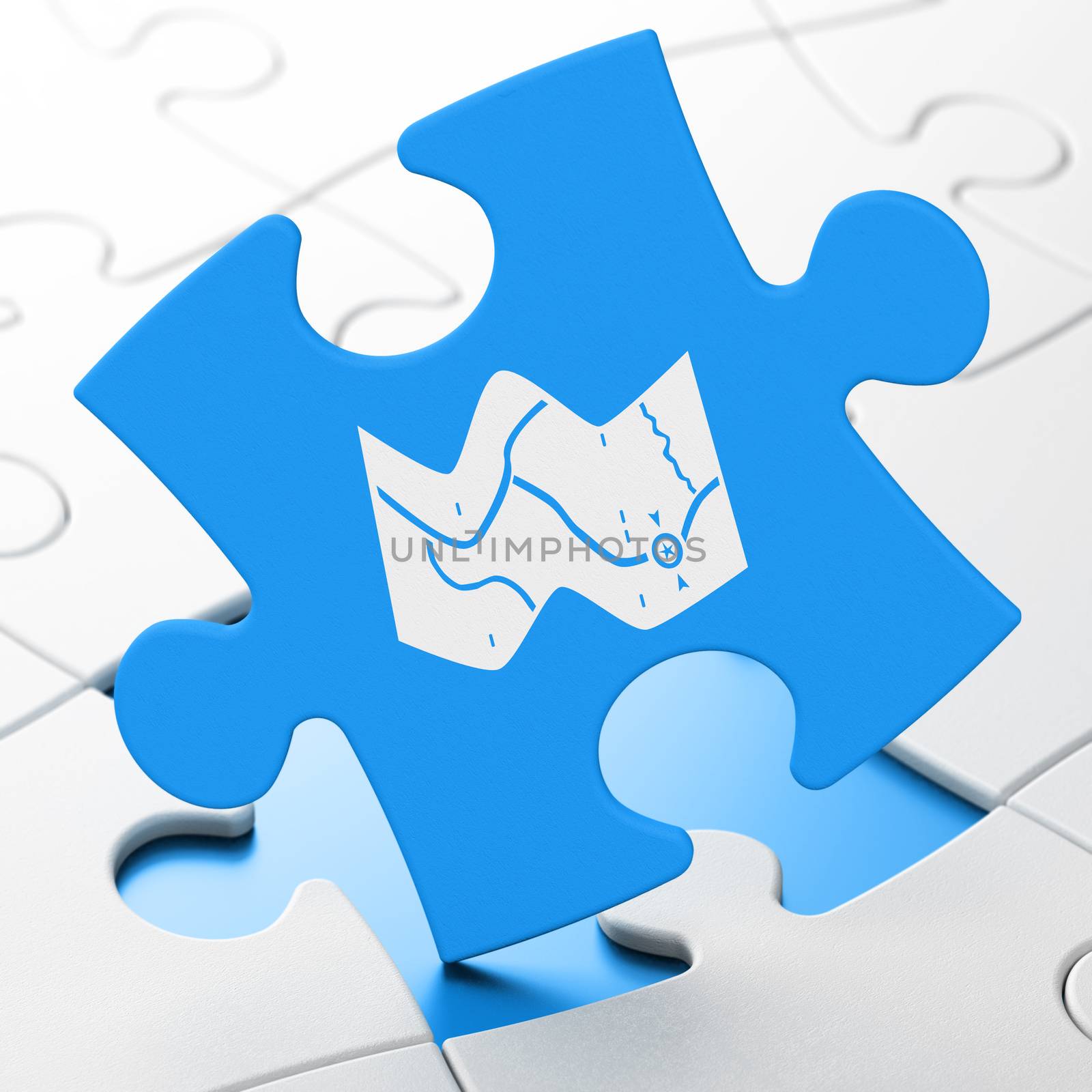 Vacation concept: Map on Blue puzzle pieces background, 3D rendering
