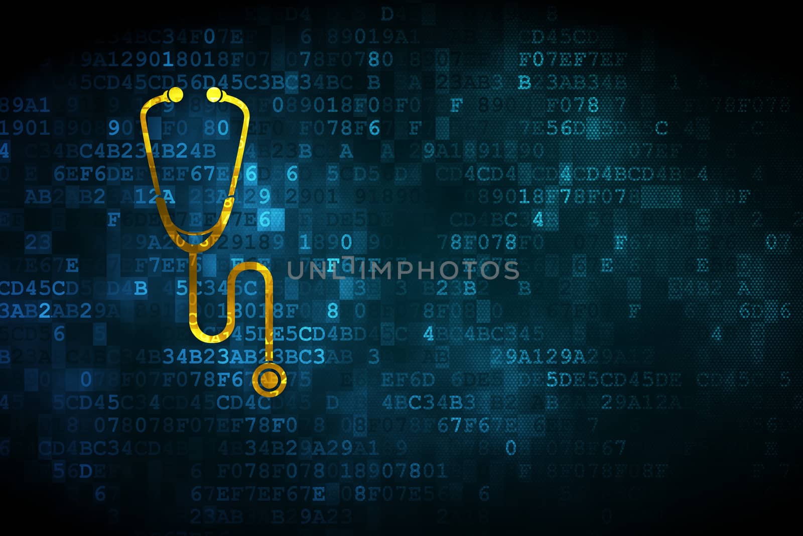 Medicine concept: pixelated Stethoscope icon on digital background, empty copyspace for card, text, advertising
