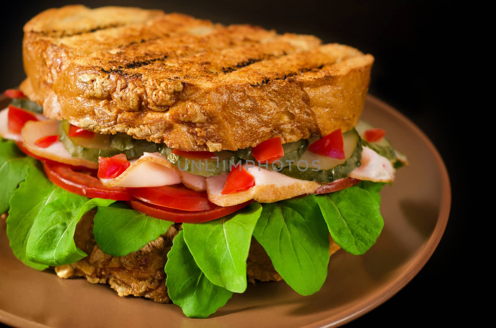 Big sandwich with ham, cheese, tomatoes, pickles and herbs. On a black background.