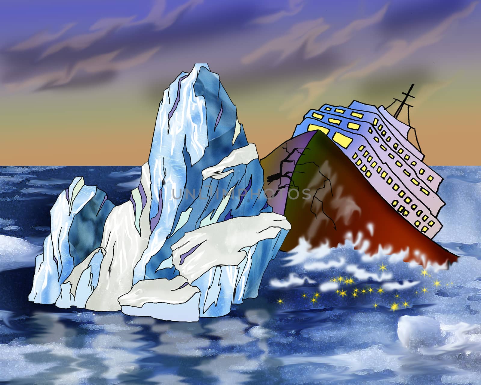 Digital Painting, Illustration of an Iceberg Tearing a gash in hull of the ocean liner. Cartoon Style Artwork Scene, Story Background.