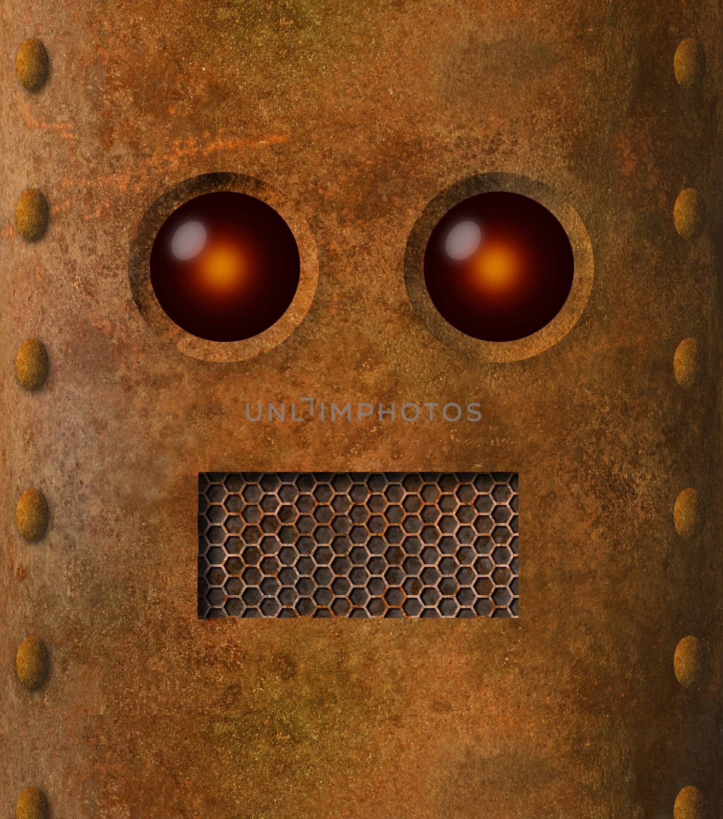 Grungy rusty robot face with grille mouth and lens-like eyes