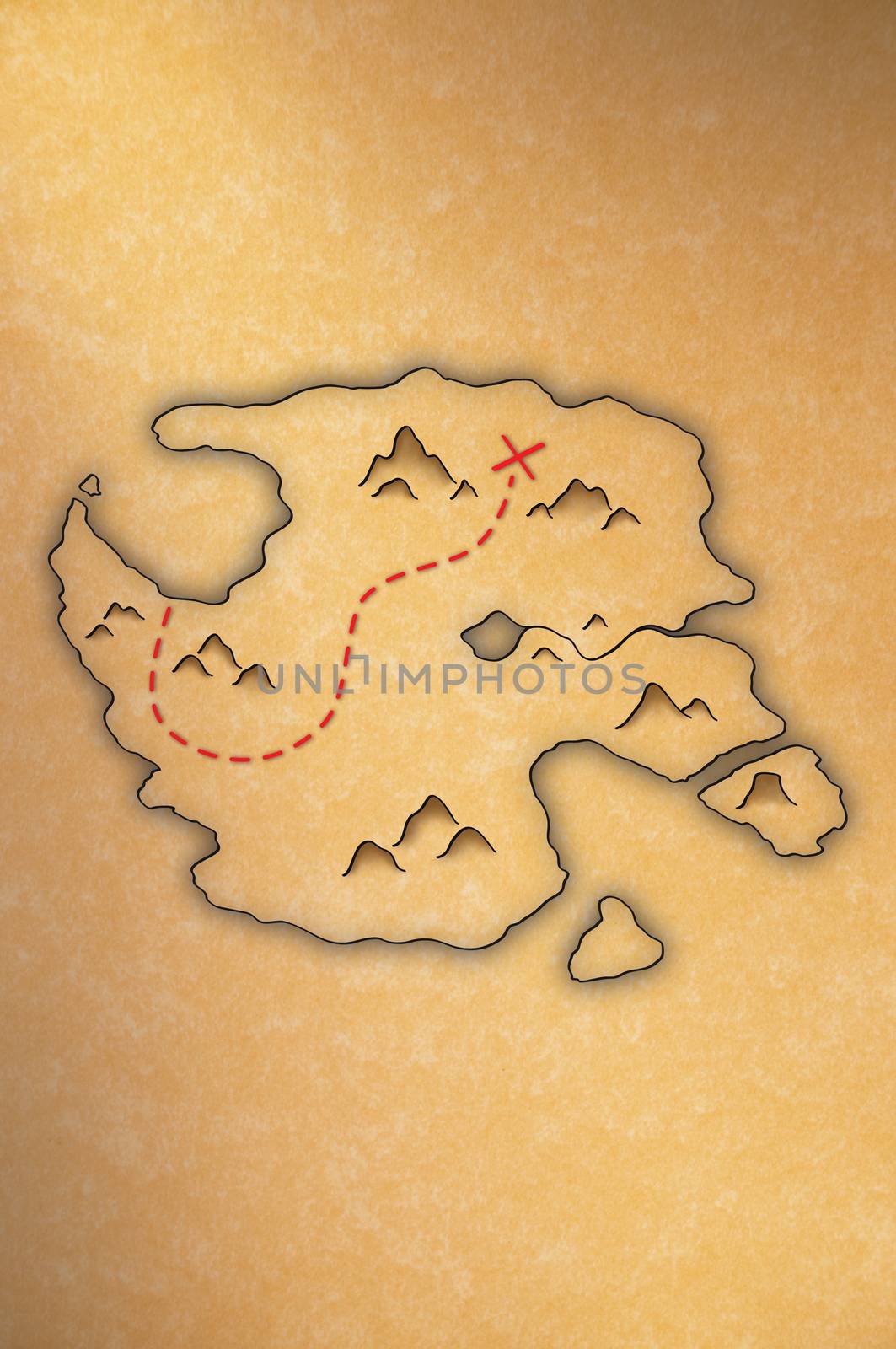 Antique-looking treasure map of an island on yellow paper