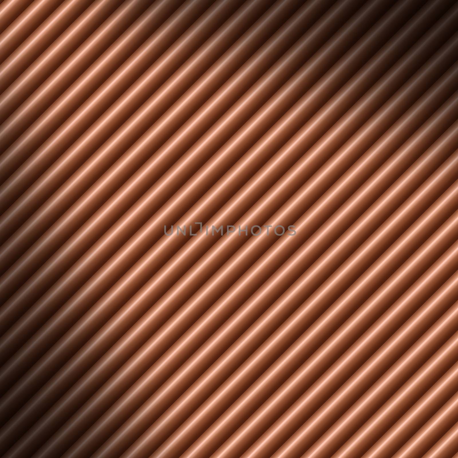 Copper colored diagonal tube background texture lit diagonally