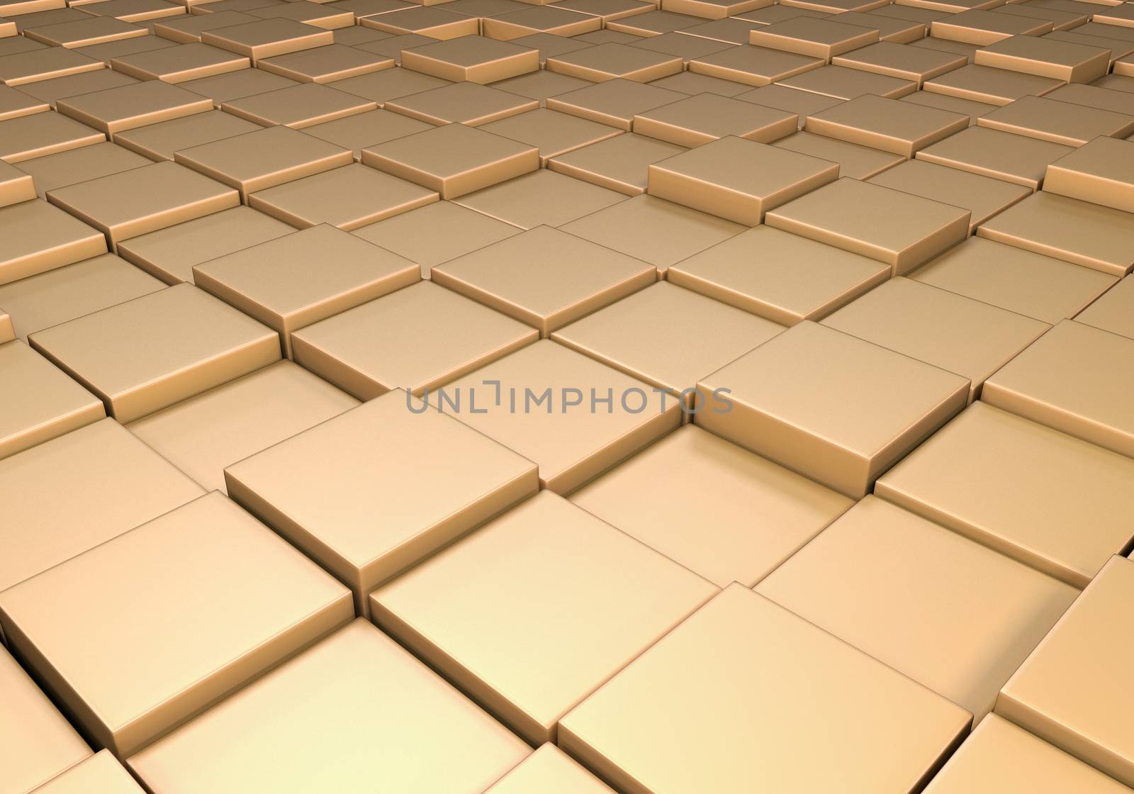 Field of reflective metallic gold tiles at different heights