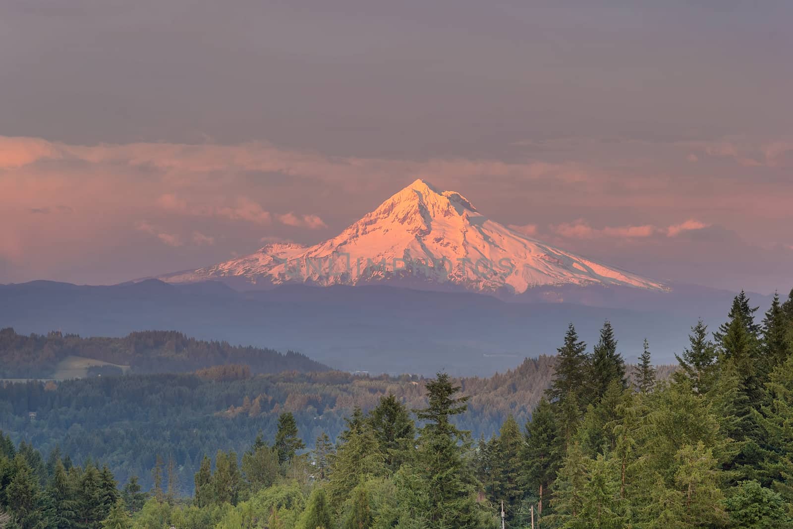 Mount Hood evening alpenglow during sunset from Happy Valley Oregon