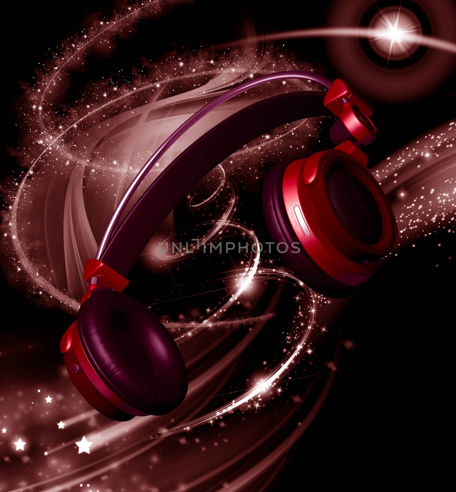 Realistic headphones with stars dust at black background