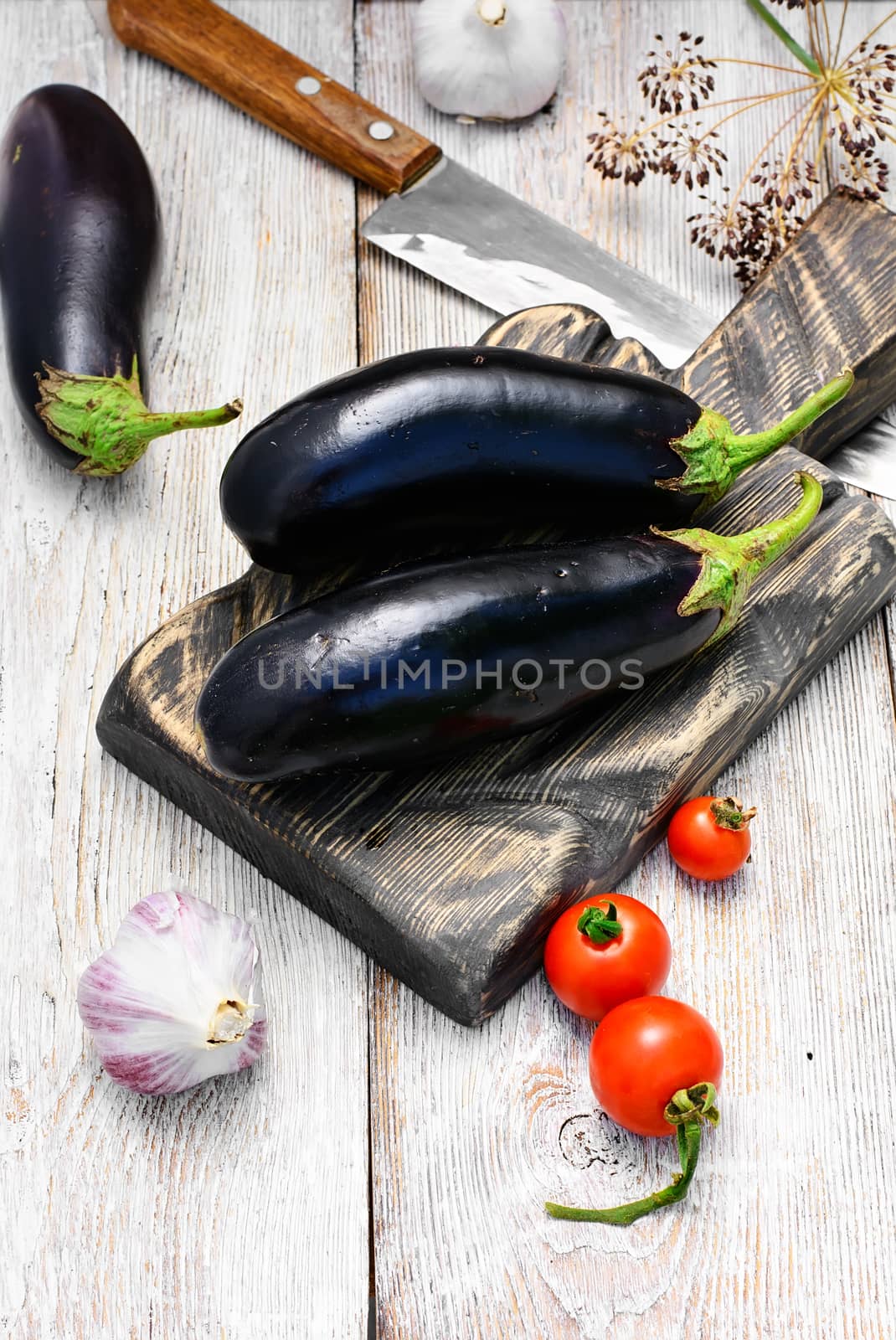 Harvest vegetables aubergine on wooden background in rustic style