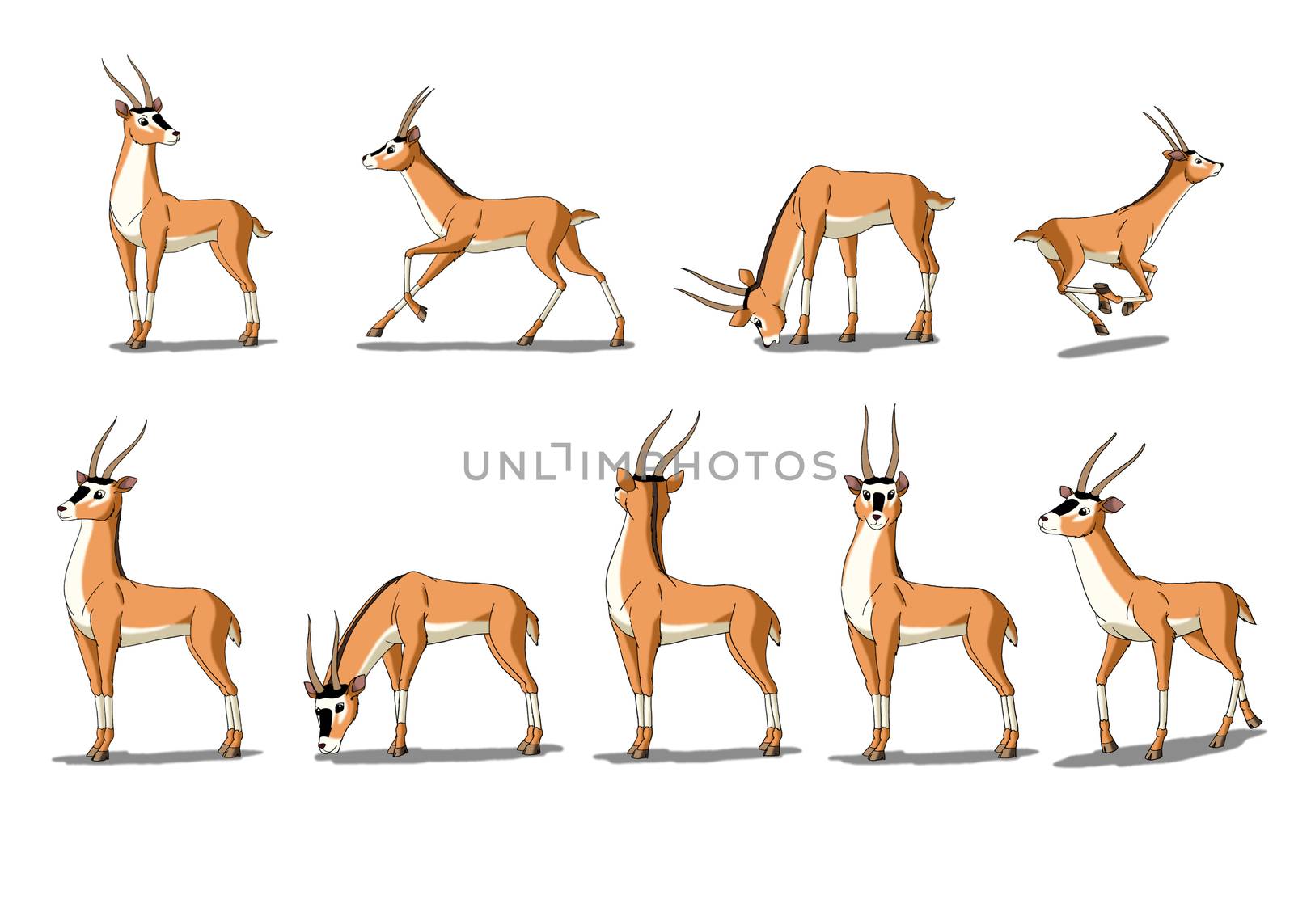 Set of Antelope images. Digital painting  full color cartoon style illustration isolated on white background.