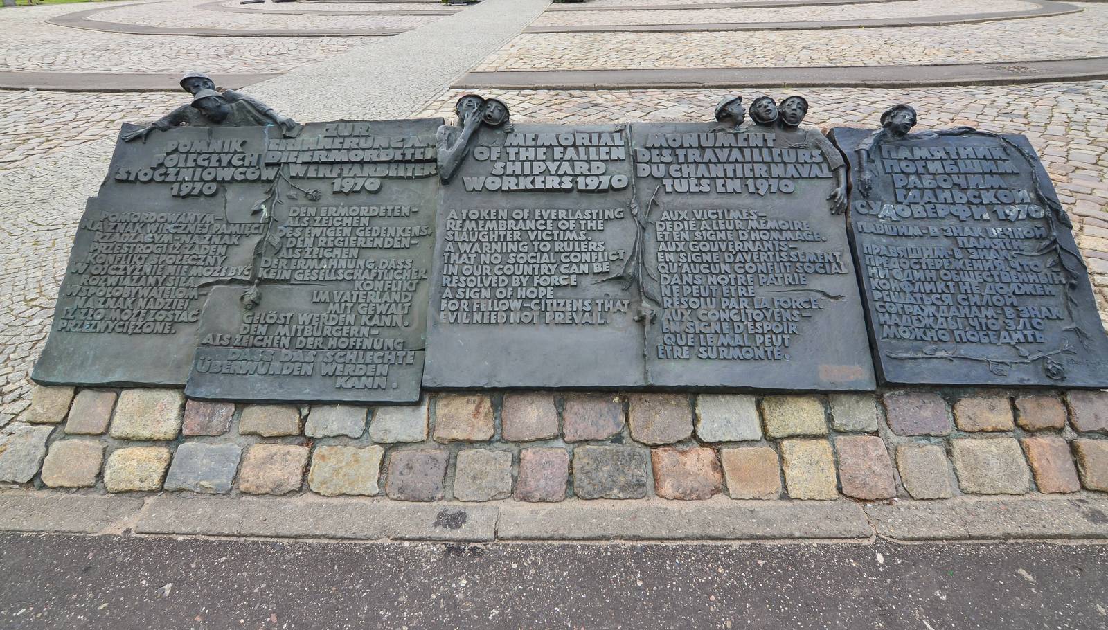 Gdansk-Poland June-2016. Memorial of the fallen Shipyards workers in 1970 in four different languages.