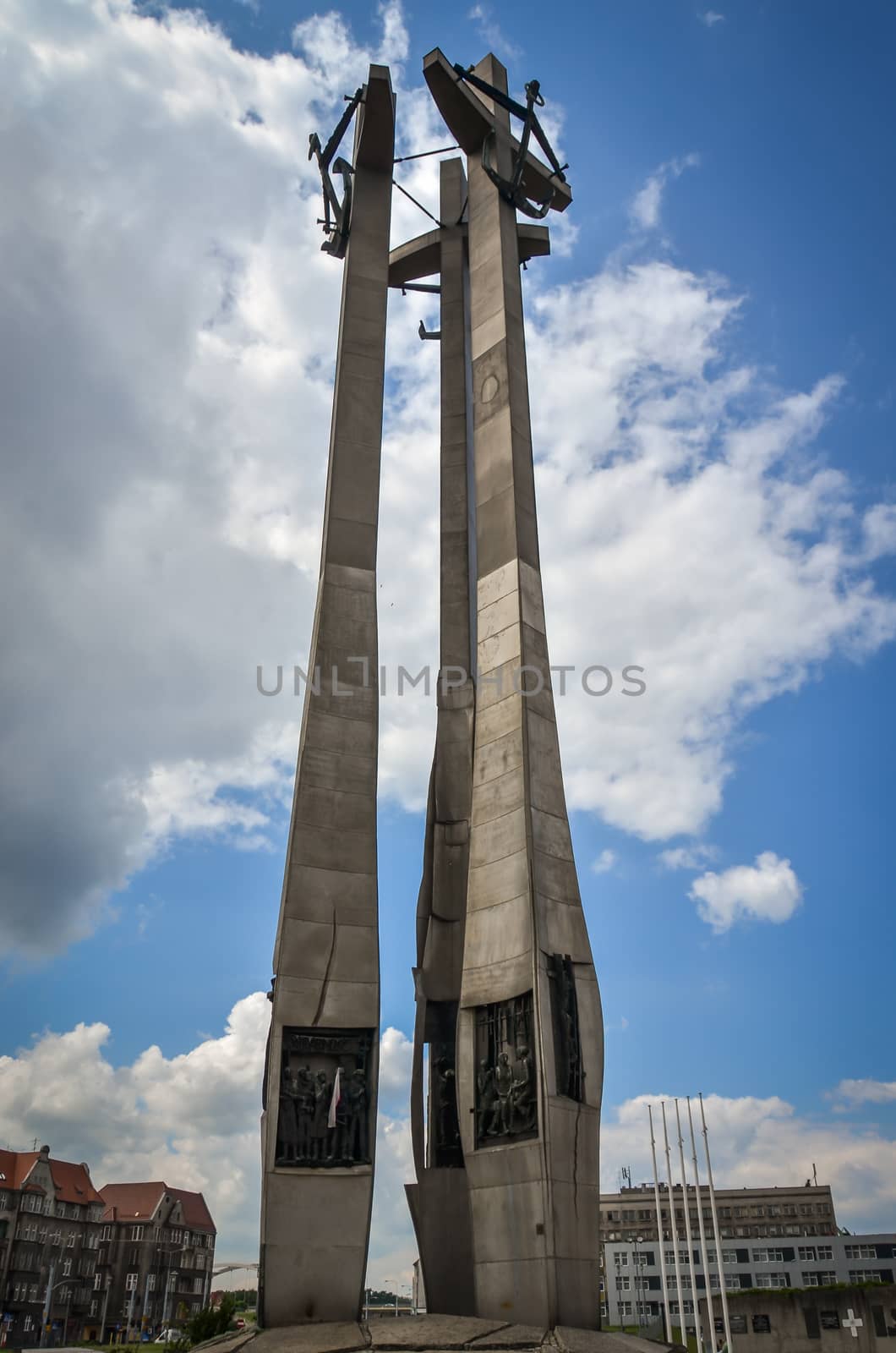 Gdansk-Poland June-2016. Solidarity in the square stands a monument commemorating the victims of December 1970. The three crosses are high at 42 meters.