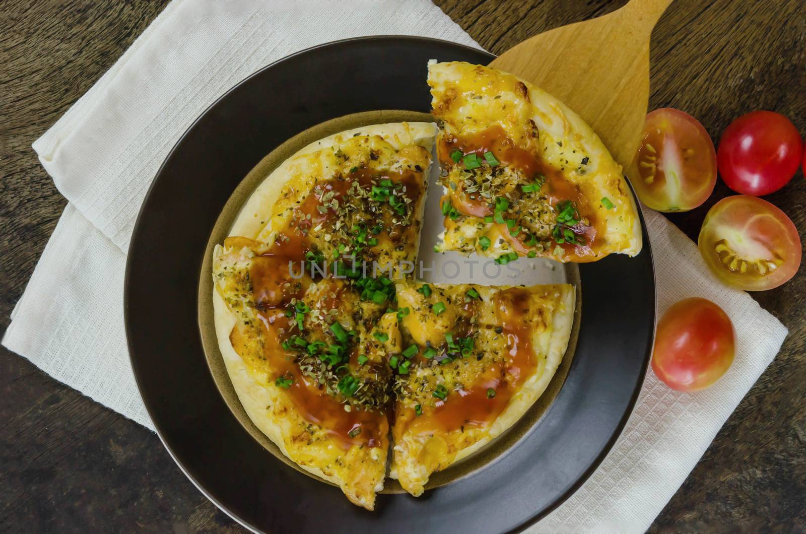 Top View Homemade Hot Cheese Pizza with Basil and Mozzarella