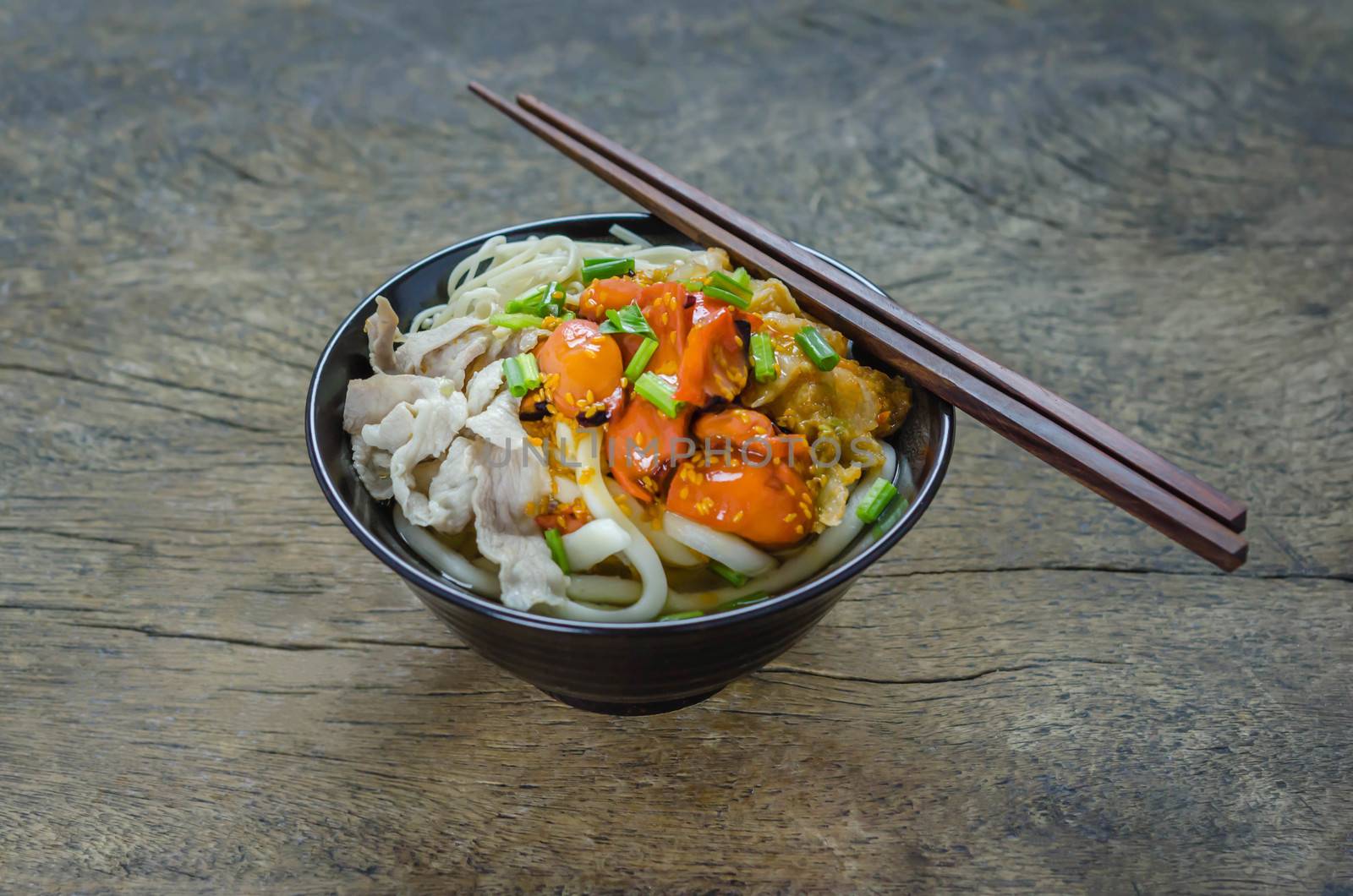Korean hot spicy noodles with kimchi and seafood