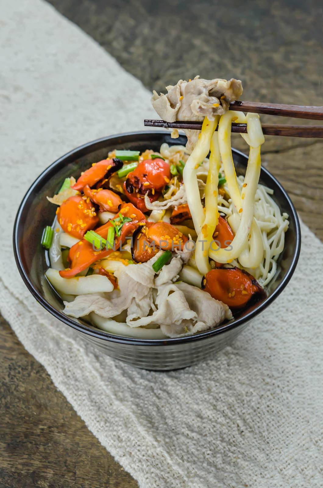 Korean hot spicy noodles with kimchi and seafood