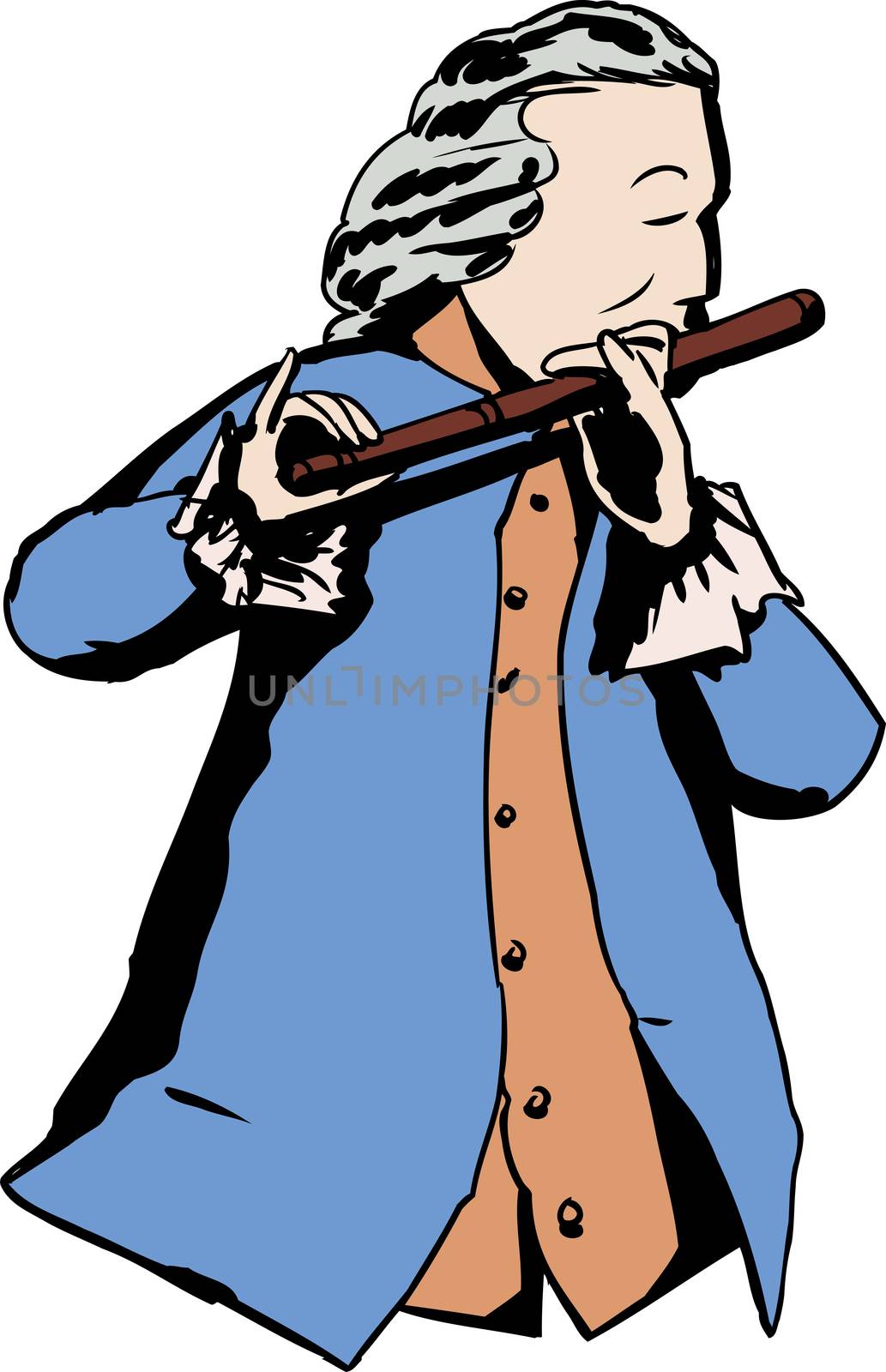 Illustration of single man in 18th century clothing and wig playing a flute