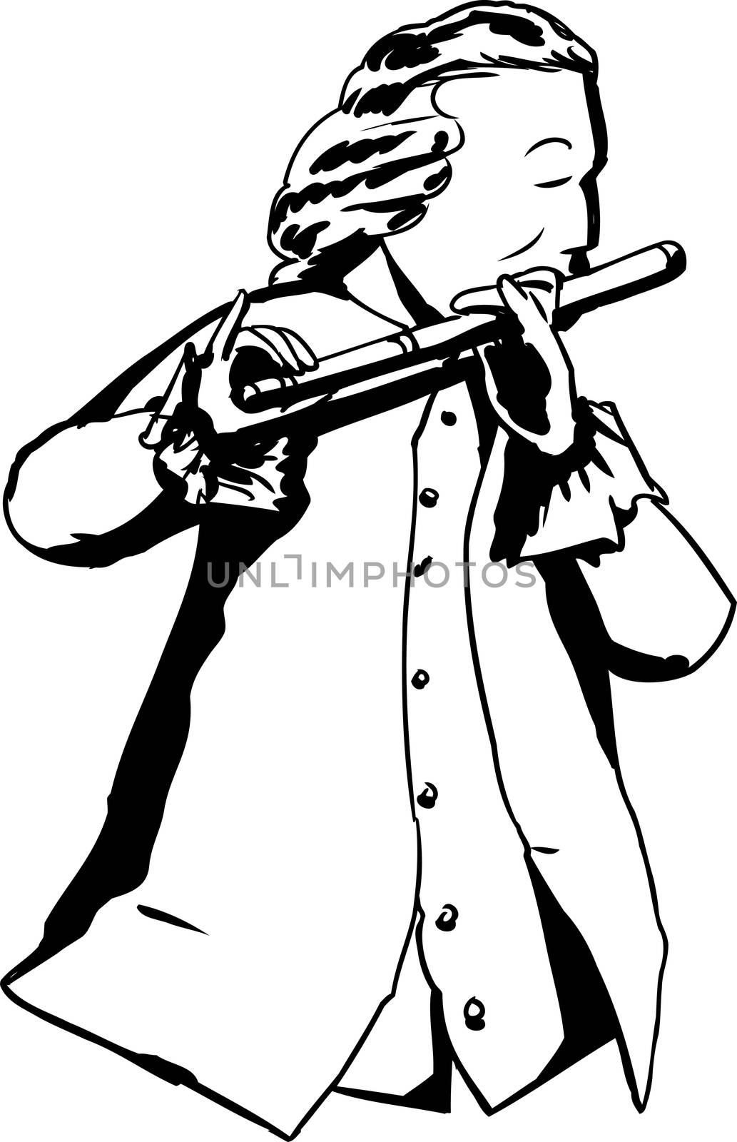 Outline illustration of single man in 18th century clothing and wig playing a flute