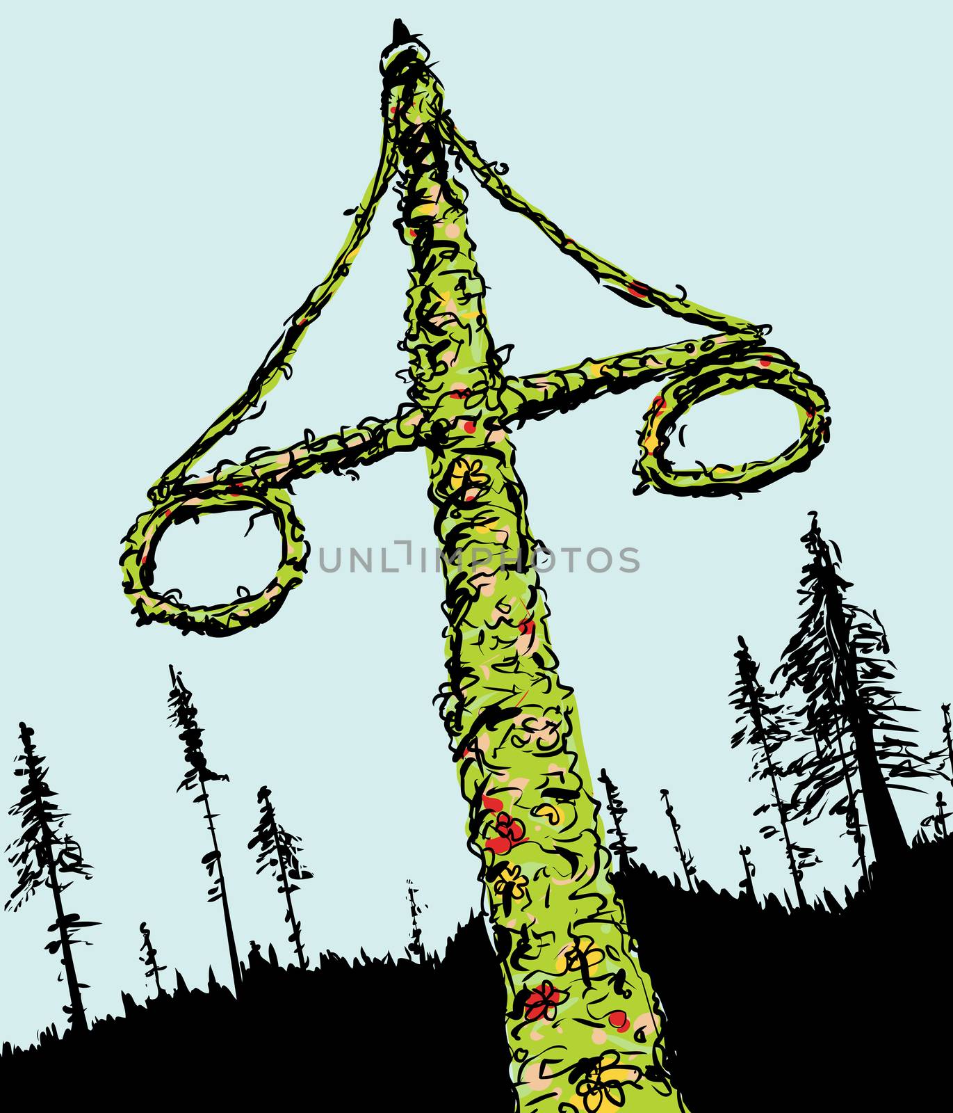Sketch of decorated Swedish midsummer holiday Maypole with two wreaths and forest in background