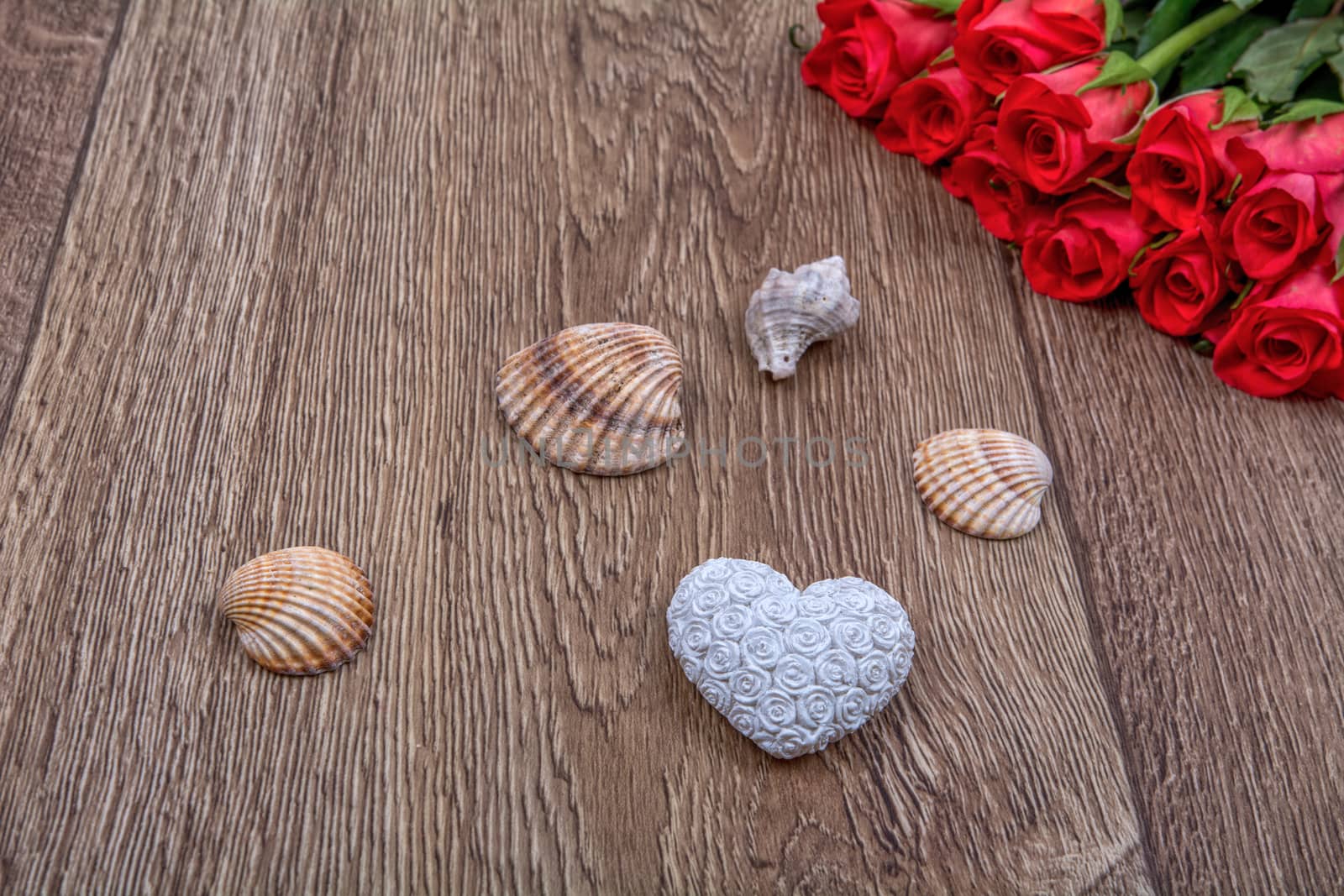 White heart, red roses and shells on a wooden background
