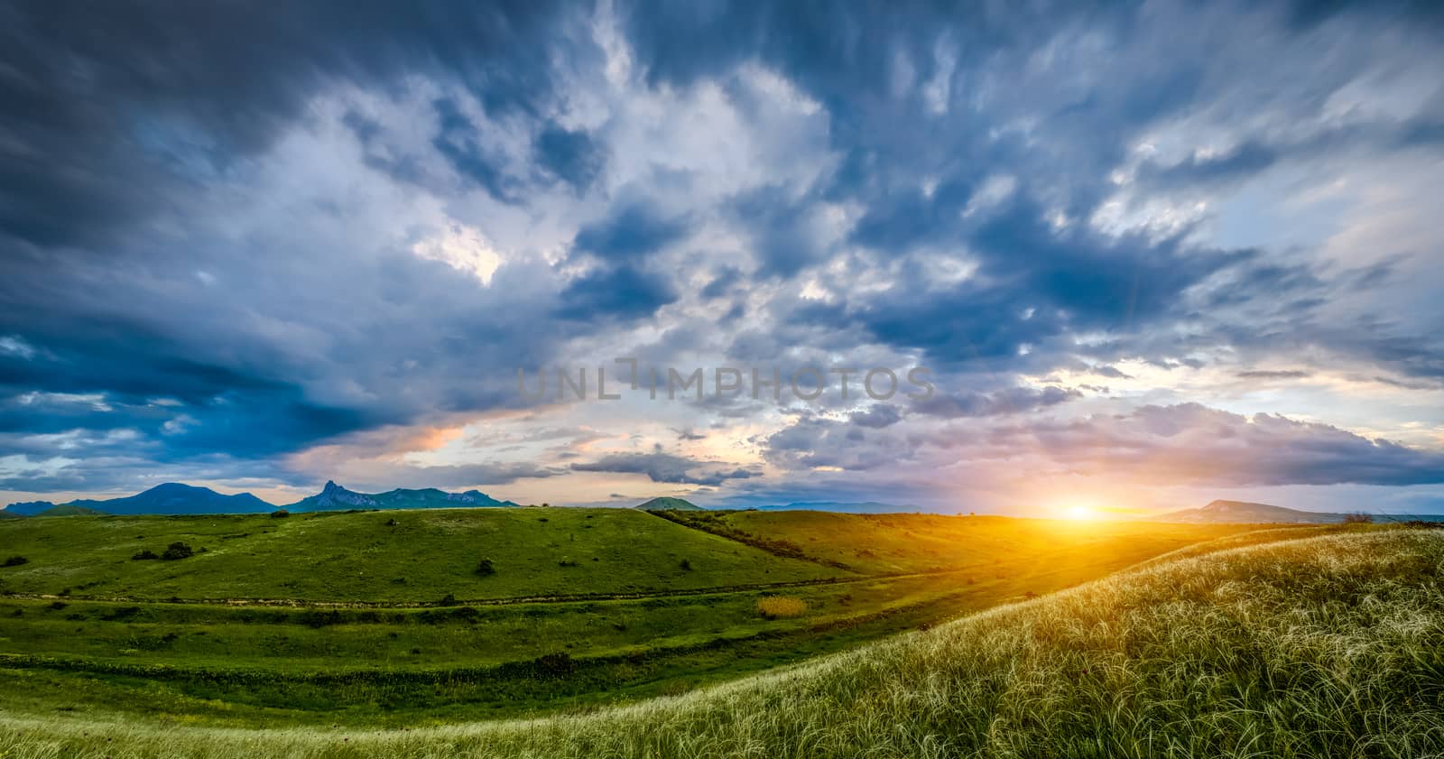 Sunset over hills, landscape
