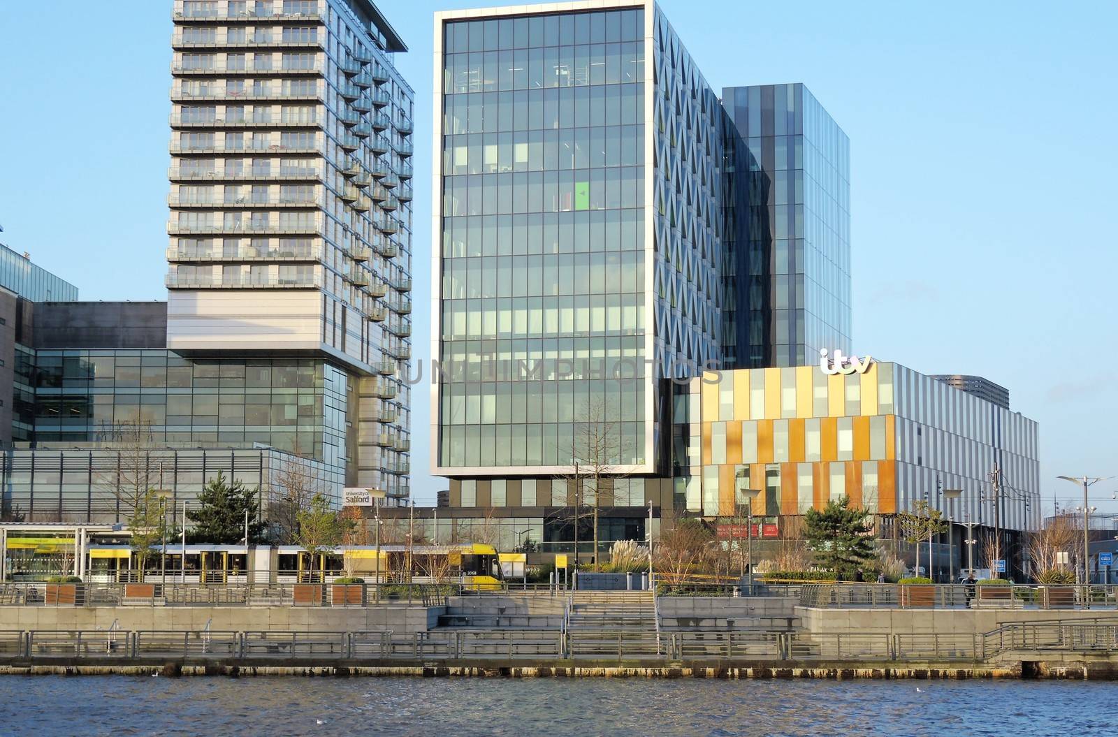 An image of television studios at Media city in Salford Quays, Greater Manchester.