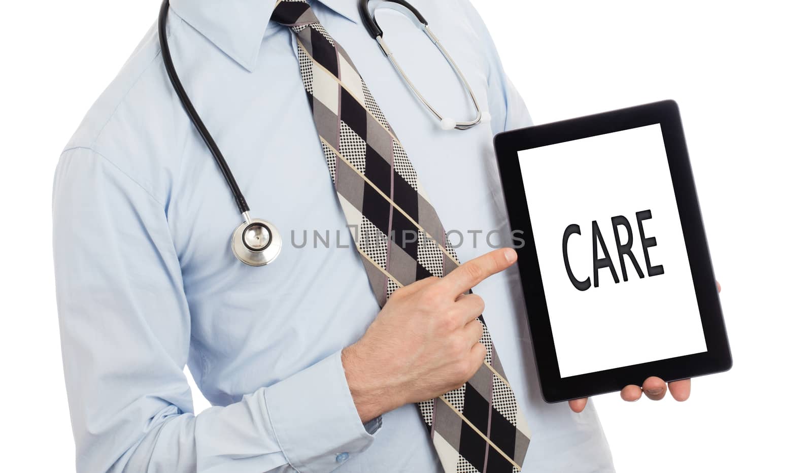 Doctor, isolated on white backgroun,  holding digital tablet - Care