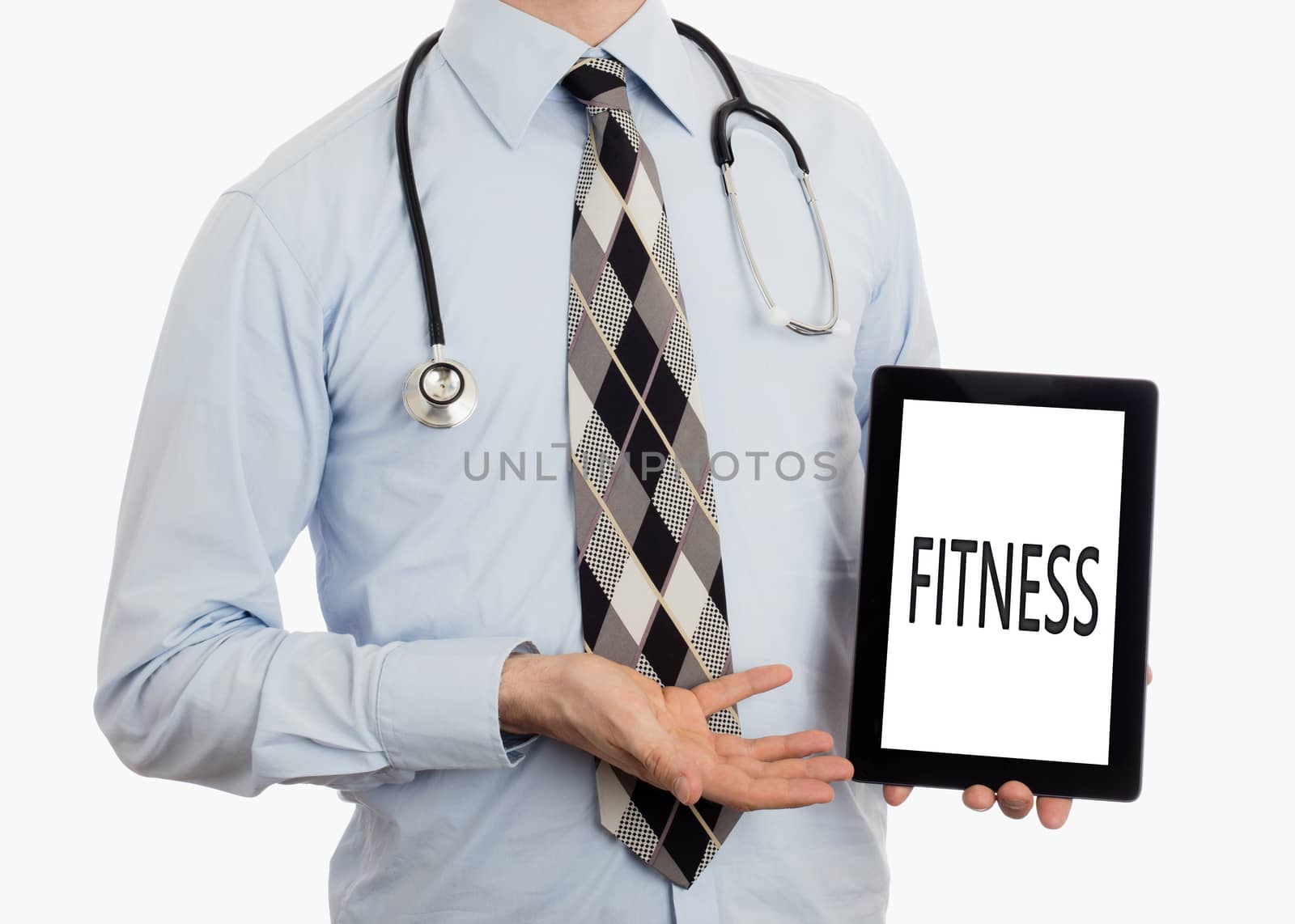 Doctor, isolated on white backgroun,  holding digital tablet - Fitness