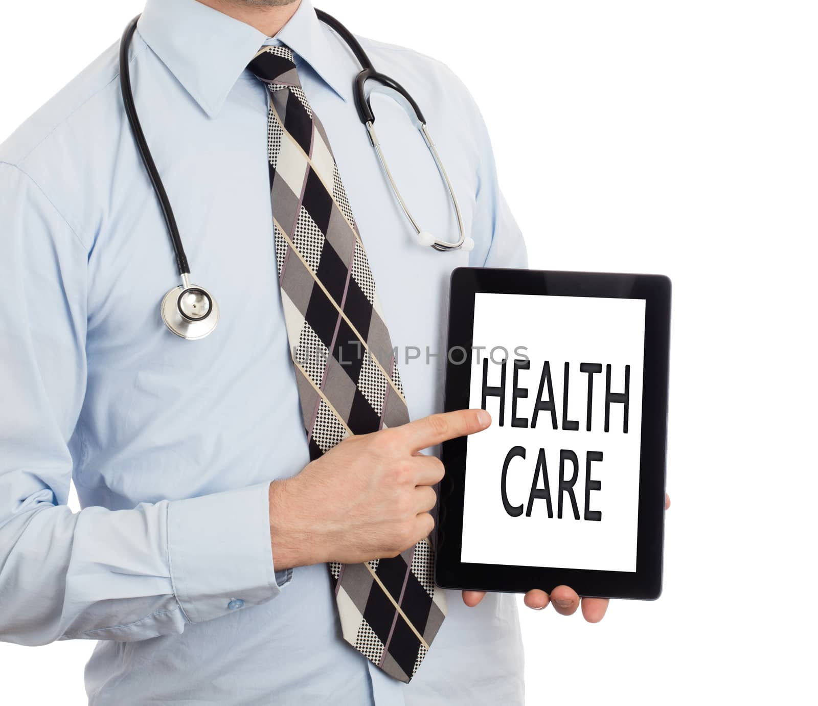 Doctor, isolated on white backgroun,  holding digital tablet - Healthcare